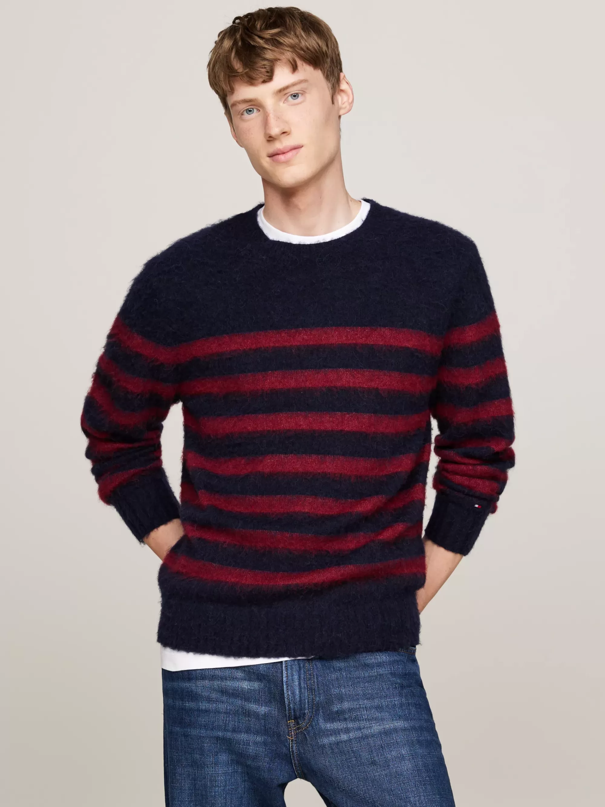Truien Met Ronde Hals | Truien*Tommy Hilfiger Gestreepte Relaxed Fit Trui Met Alpacawol DESERT SKY/ ROUGE