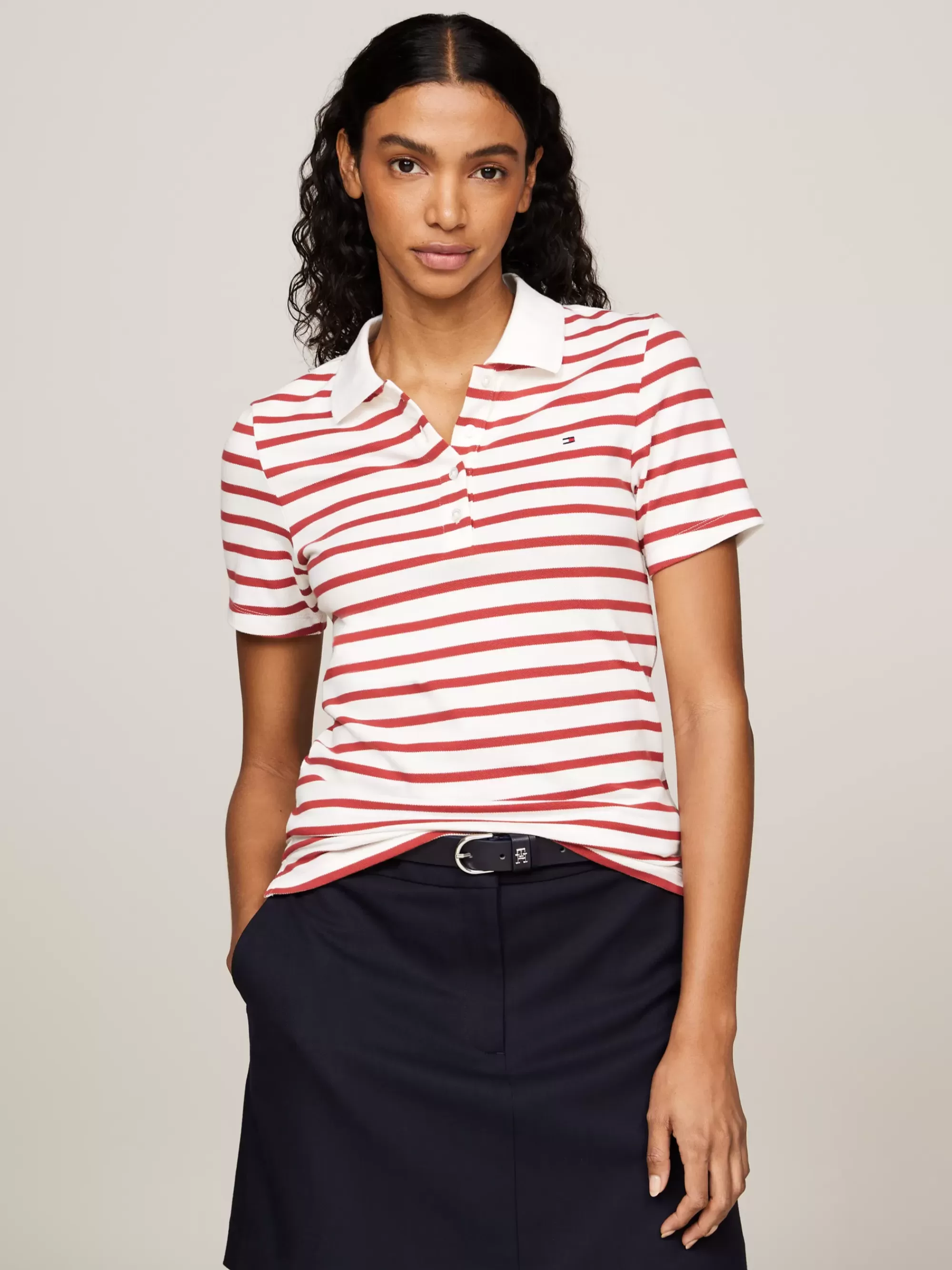 Polo's*Tommy Hilfiger Gestreepte Slim Fit Polo BRETON STP/ ECRU/ TERRA RED