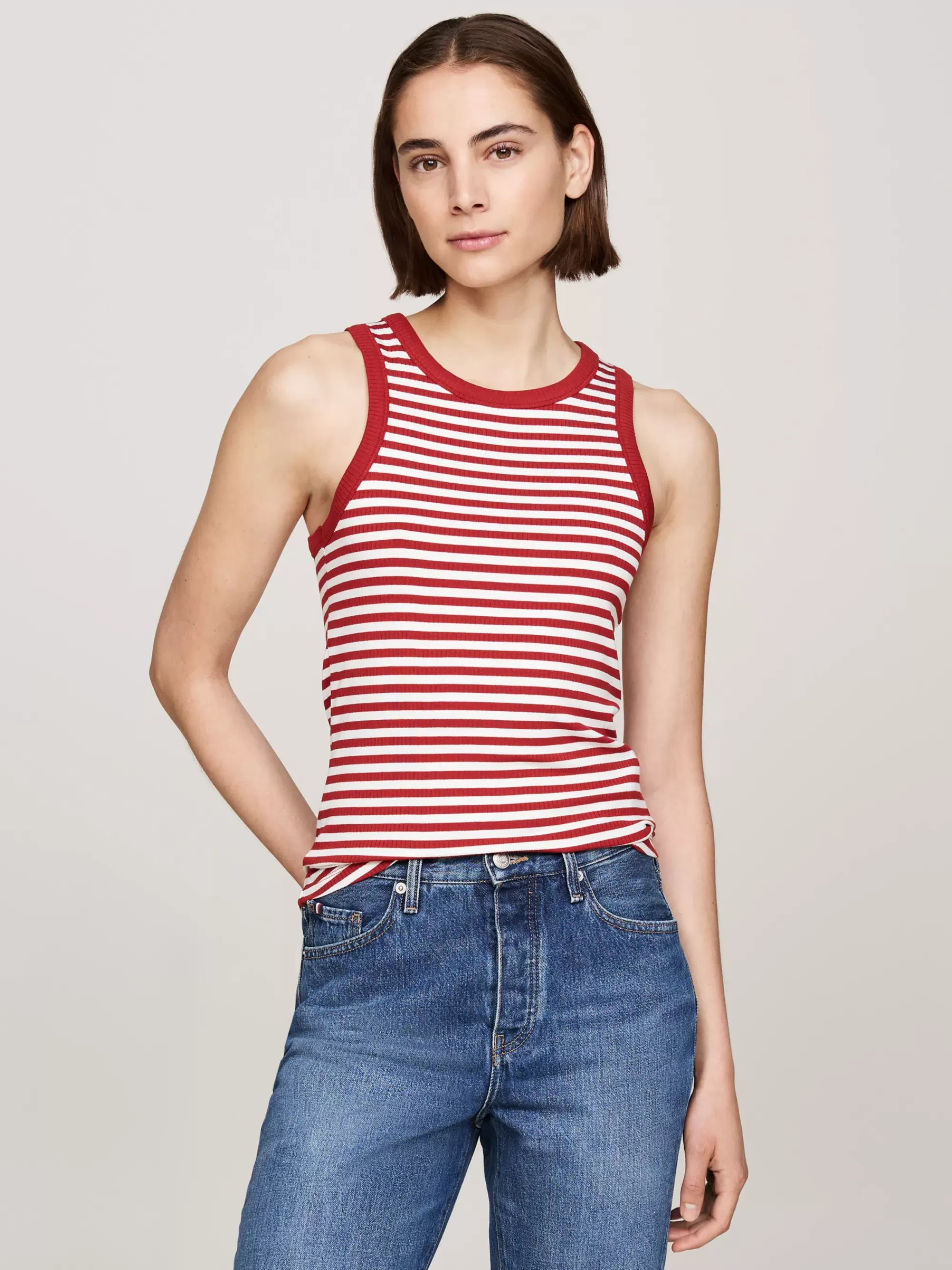 T-Shirts*Tommy Hilfiger Gestreepte Tanktop Met Ribtextuur FIVE MM STP/ ECRU/ DARK MAGMA