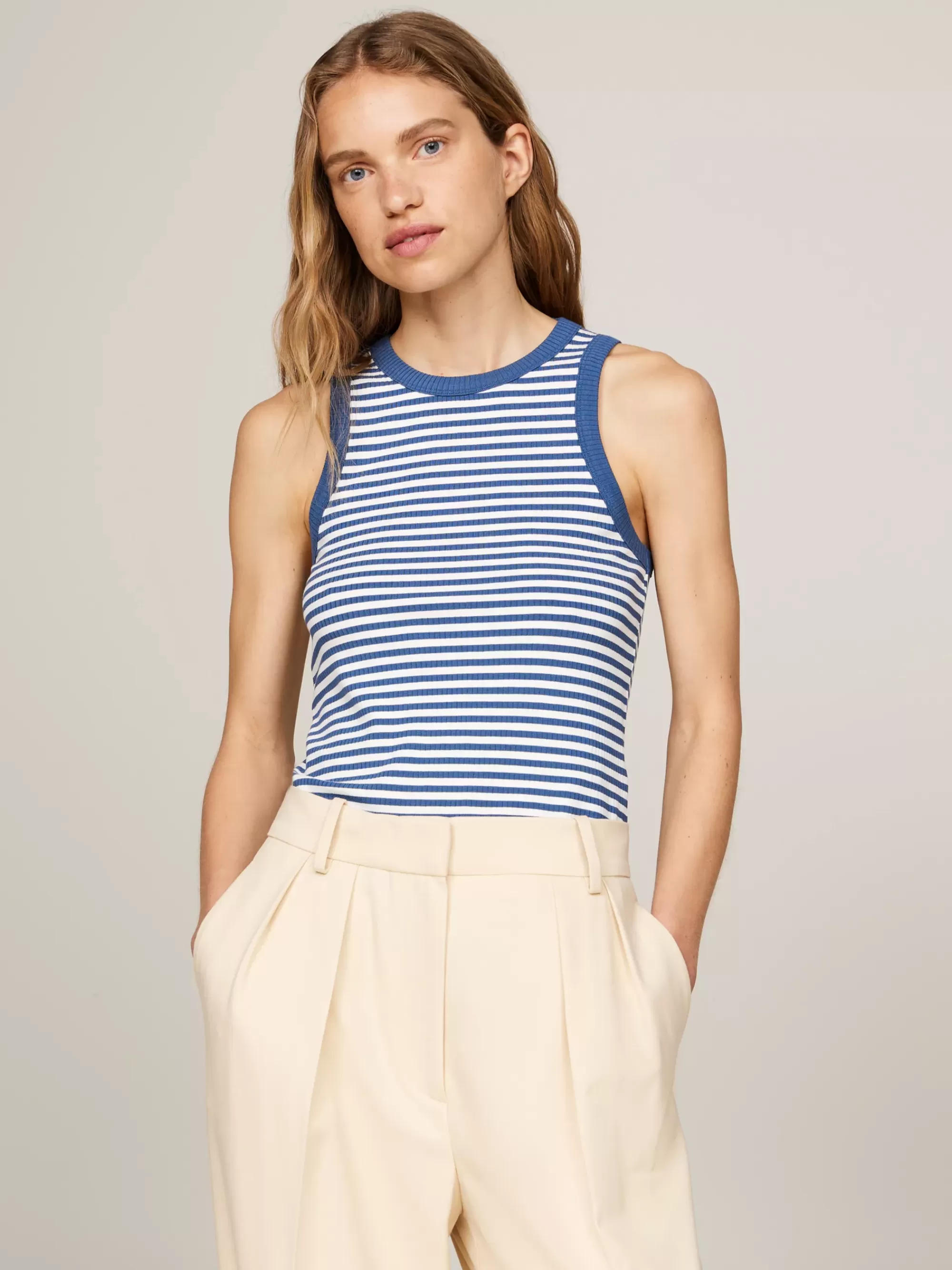 T-Shirts*Tommy Hilfiger Gestreepte Tanktop Met Ribtextuur FIVE MM STP/ ECRU/ FOSSIL BLUE
