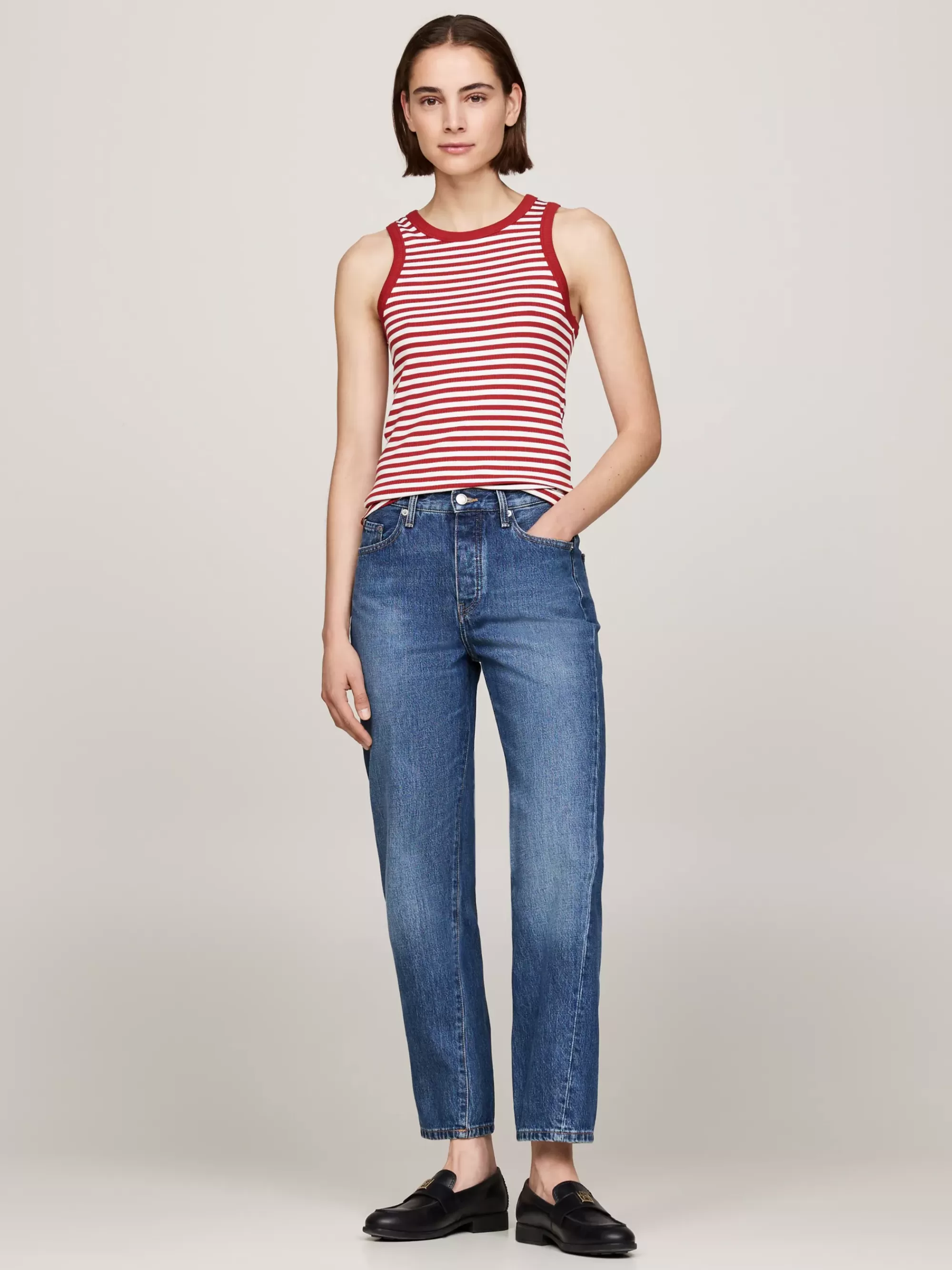 T-Shirts*Tommy Hilfiger Gestreepte Tanktop Met Ribtextuur FIVE MM STP/ ECRU/ DARK MAGMA