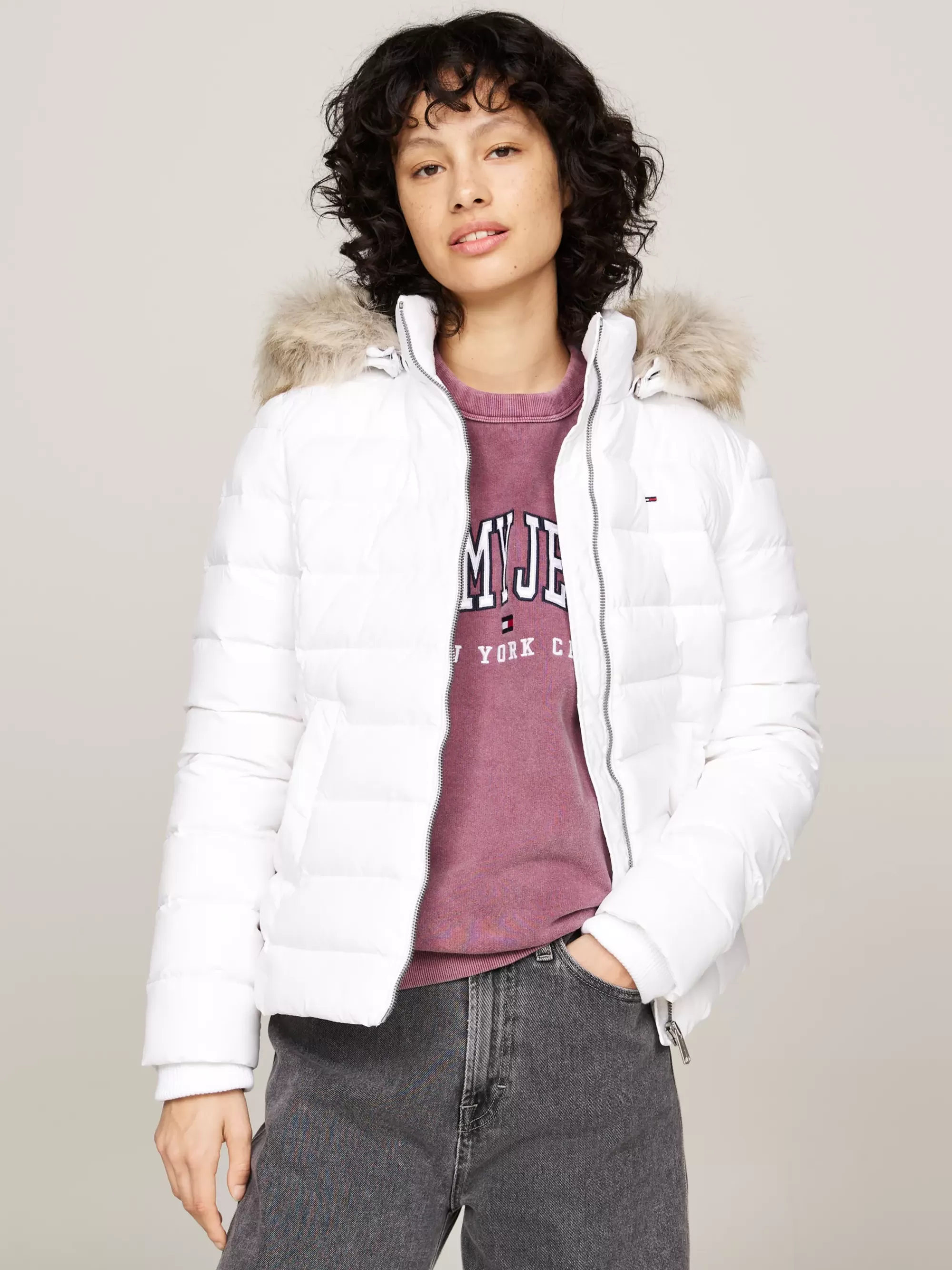 Jassen & Jacks*Tommy Hilfiger Getailleerd Donsjack Met Imitatiebont WHITE