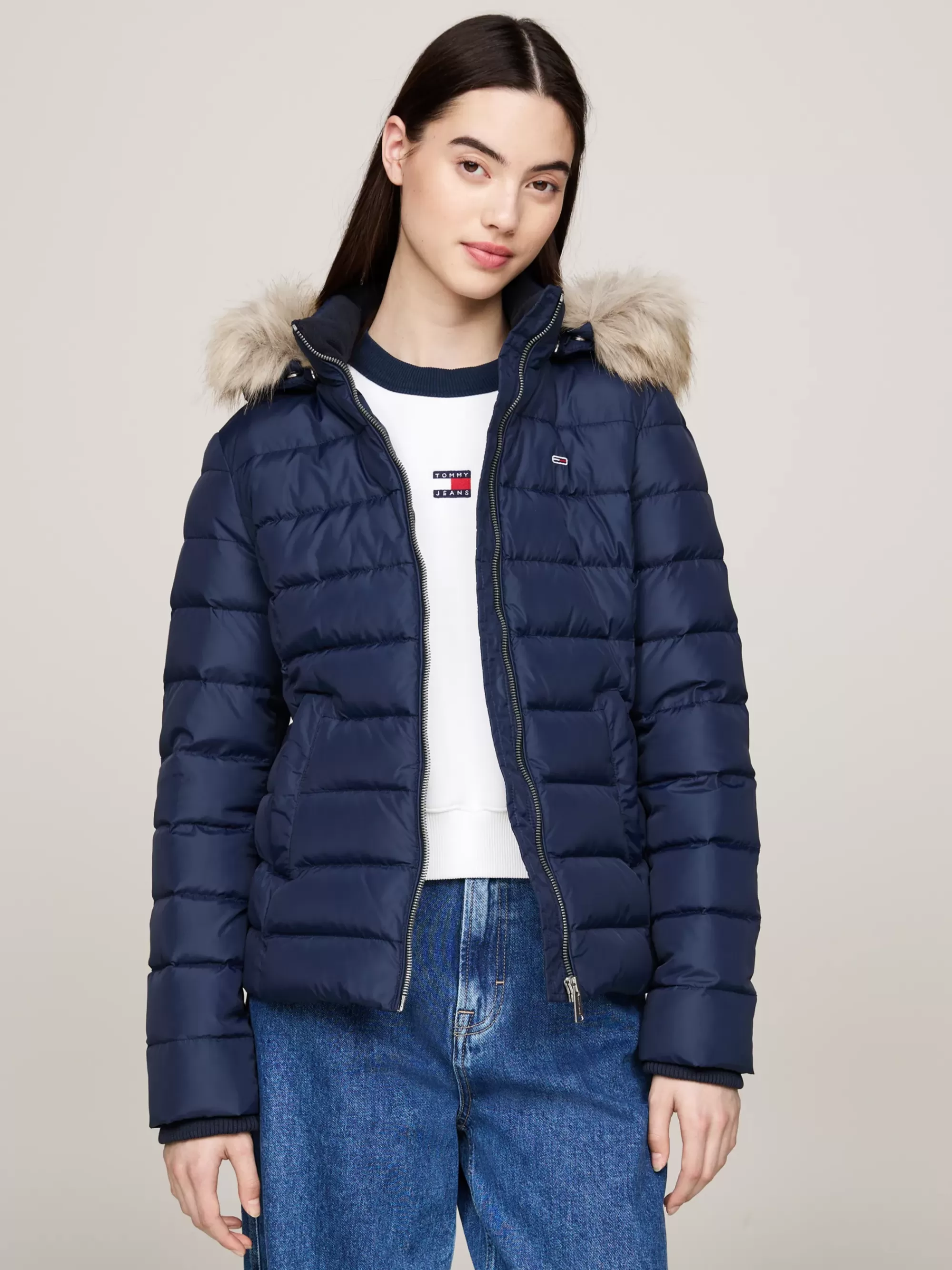 Jassen & Jacks*Tommy Hilfiger Getailleerd Donsjack Met Imitatiebont DARK NIGHT NAVY