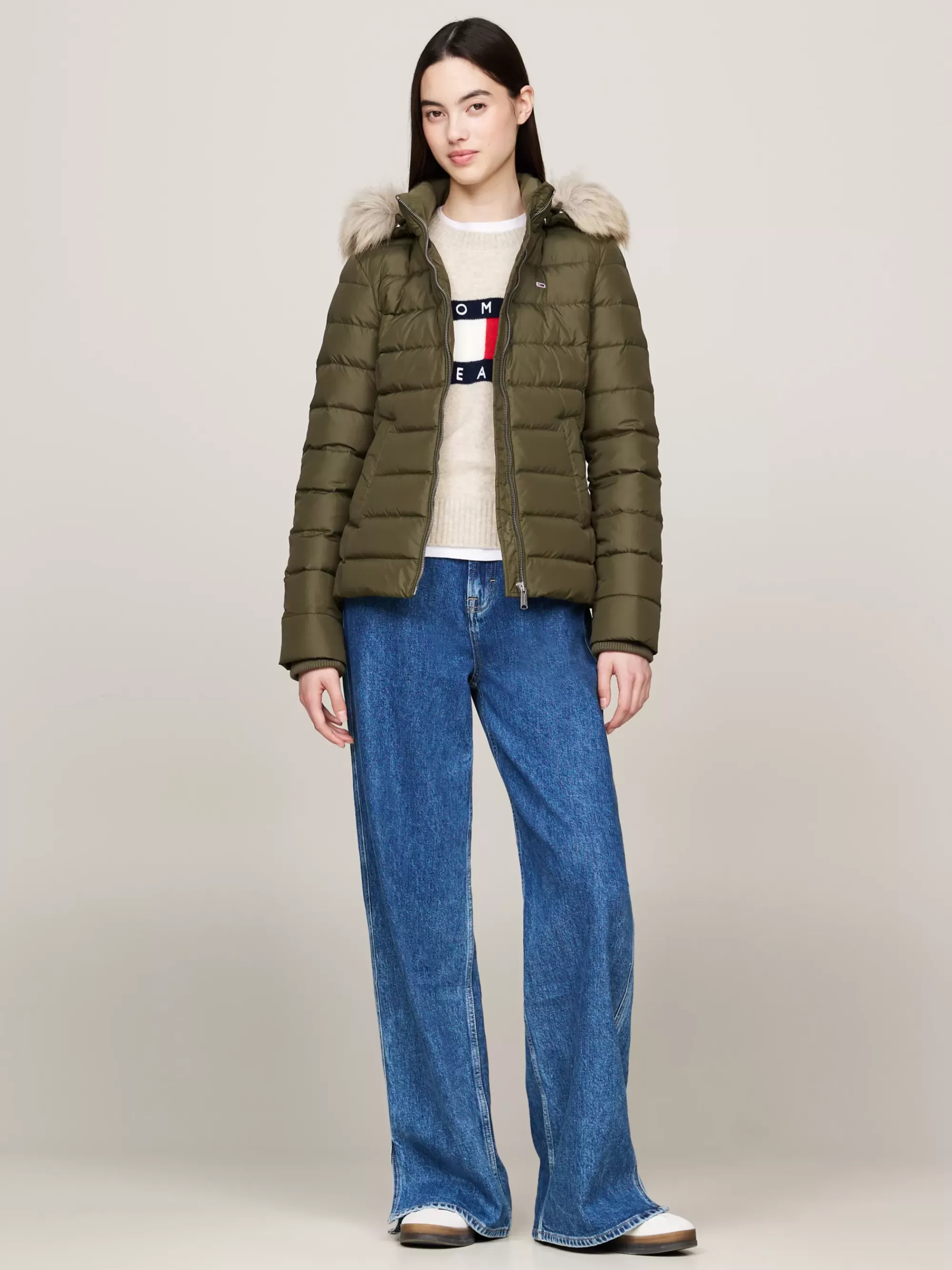 Jassen & Jacks*Tommy Hilfiger Getailleerd Donsjack Met Imitatiebont FATIGUE GREEN