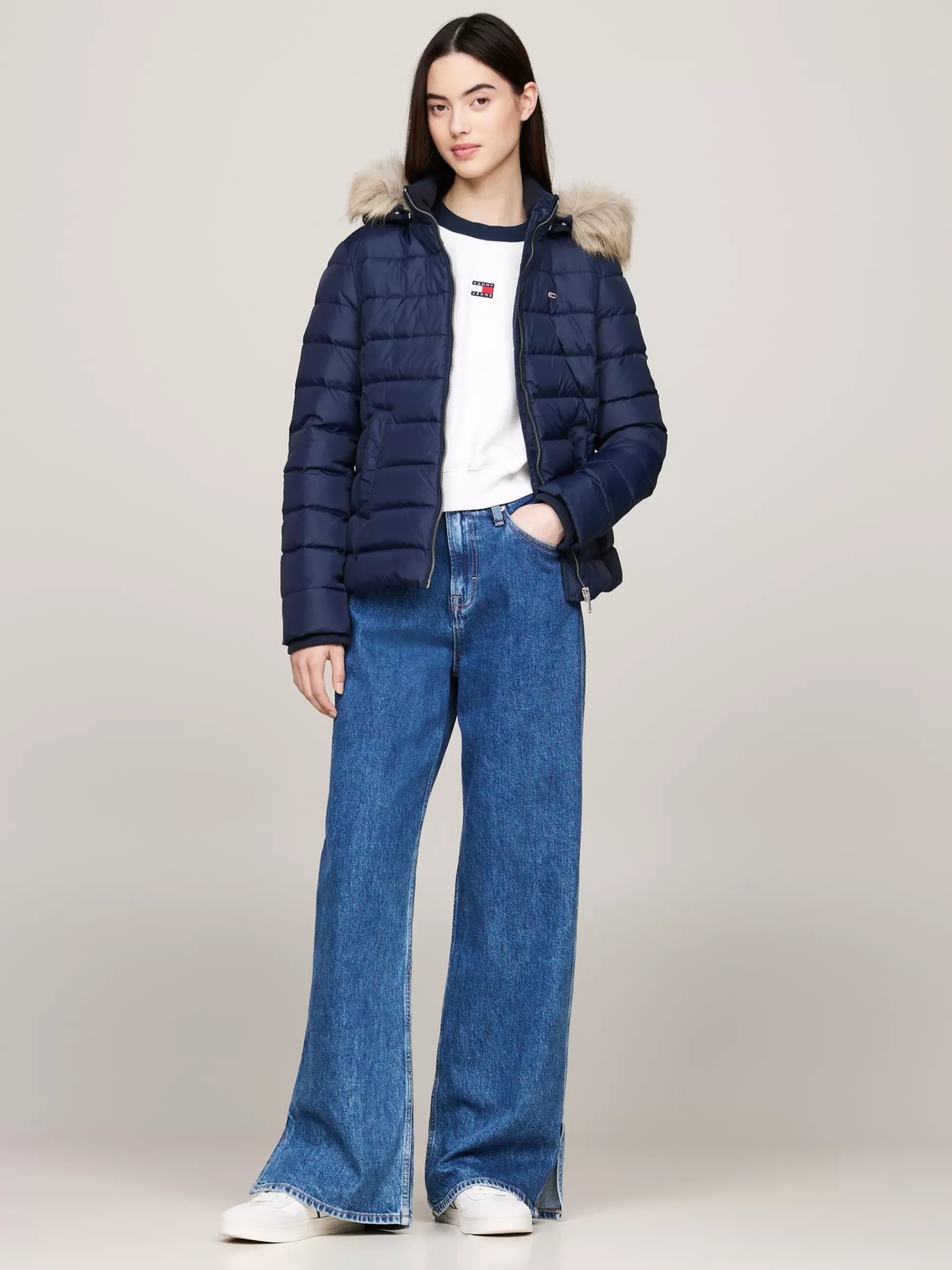 Jassen & Jacks*Tommy Hilfiger Getailleerd Donsjack Met Imitatiebont DARK NIGHT NAVY