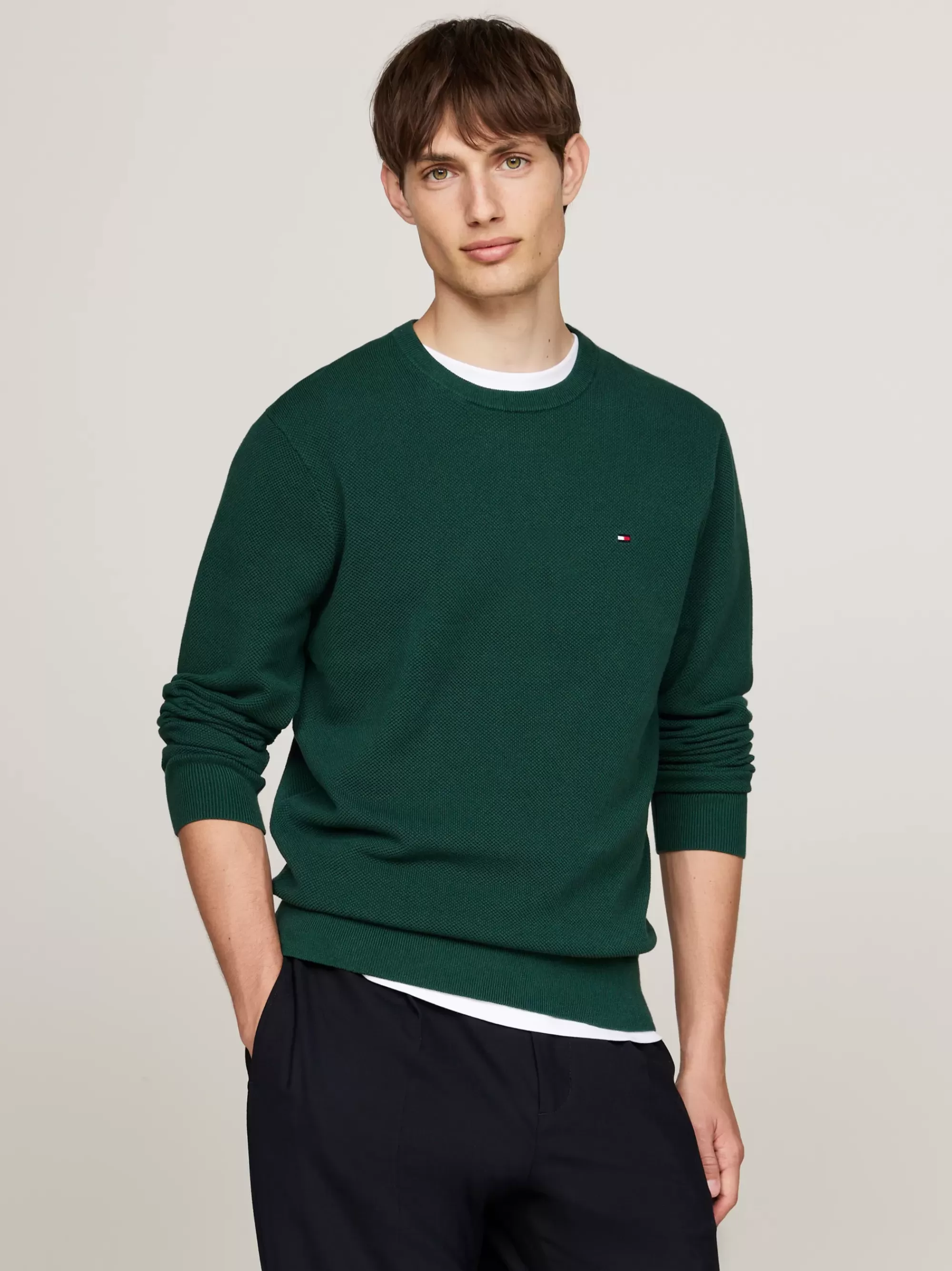 Truien Met Ronde Hals | Truien*Tommy Hilfiger Getextureerd Gebreide Trui Met Ronde Hals ORNAMENTAL GREEN
