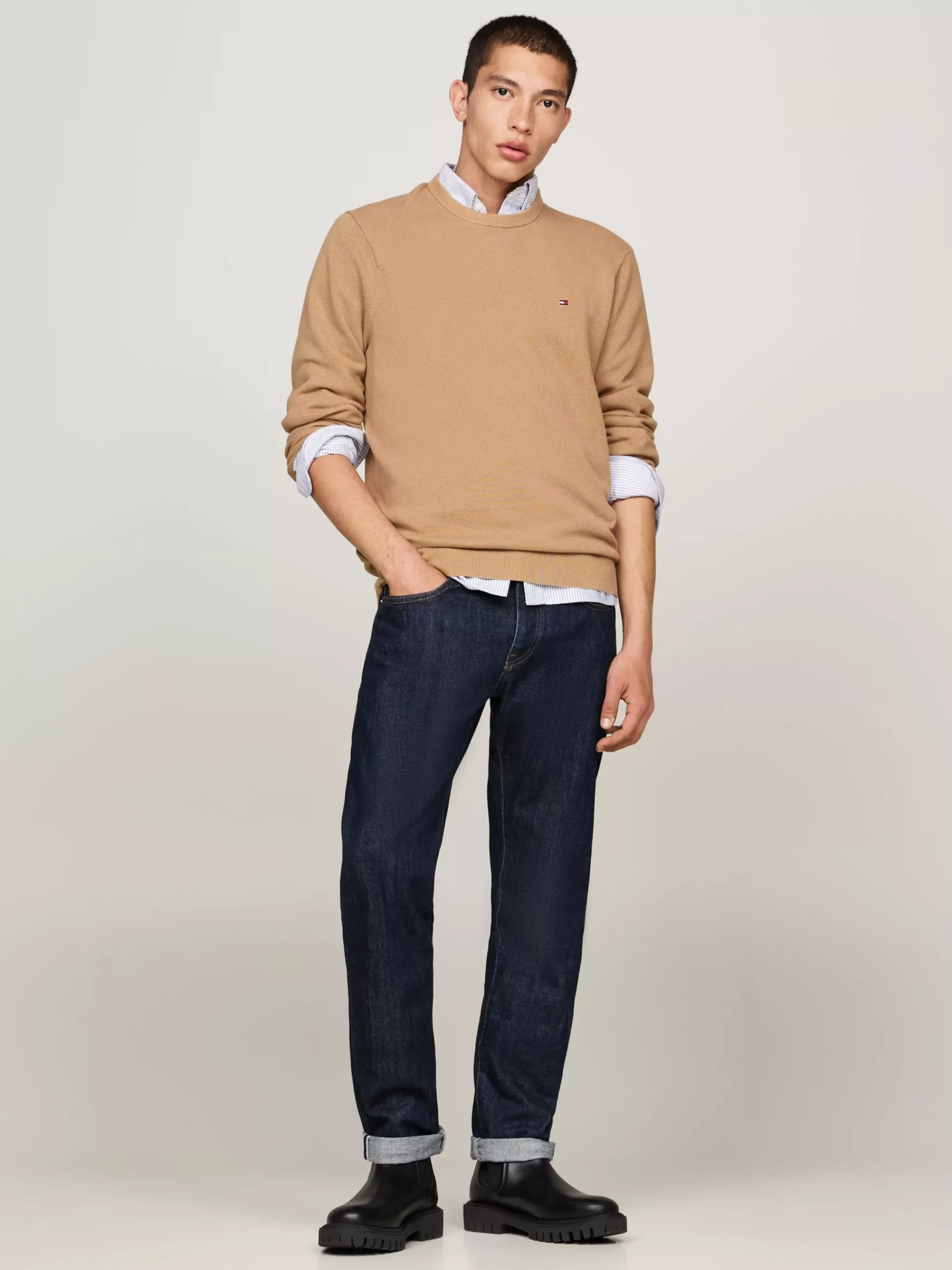 Truien | Truien & Vesten*Tommy Hilfiger Getextureerd Gebreide Trui Met Ronde Hals SAFARI CANVAS