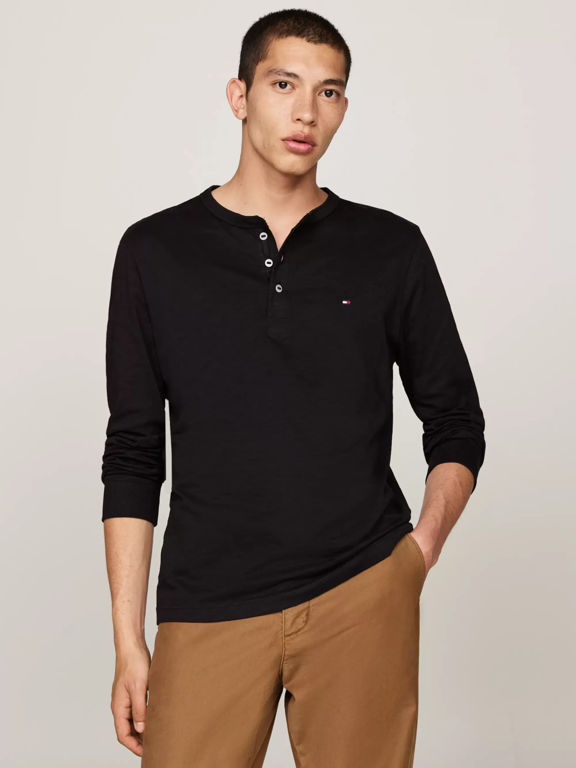 T-Shirts*Tommy Hilfiger Getextureerd Longsleeve Henley-shirt BLACK