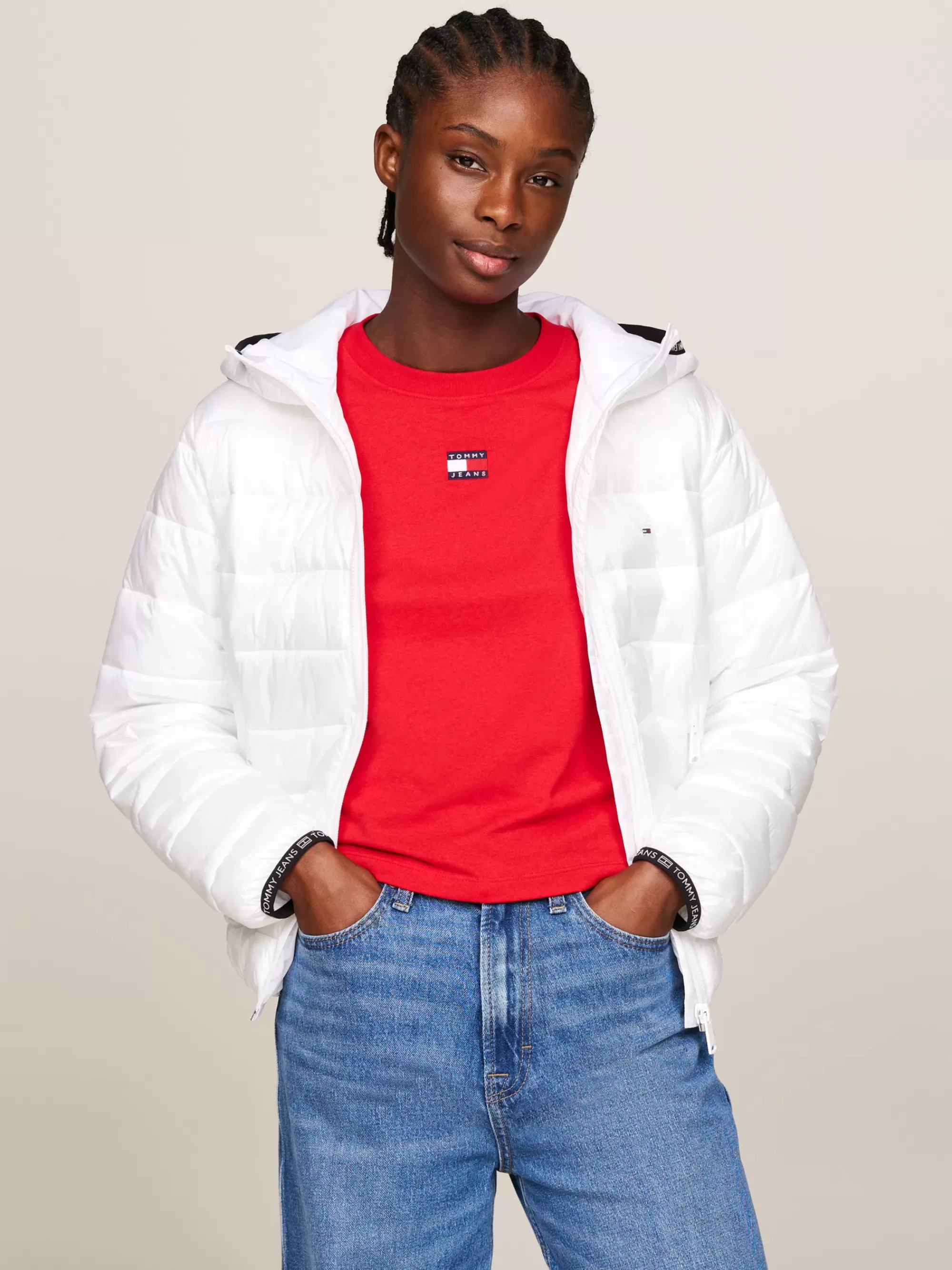 Curve Mode & Inclusieve Maten | Jassen & Jacks*Tommy Hilfiger Gewatteerd Jack Met Capuchon En Logotape WHITE