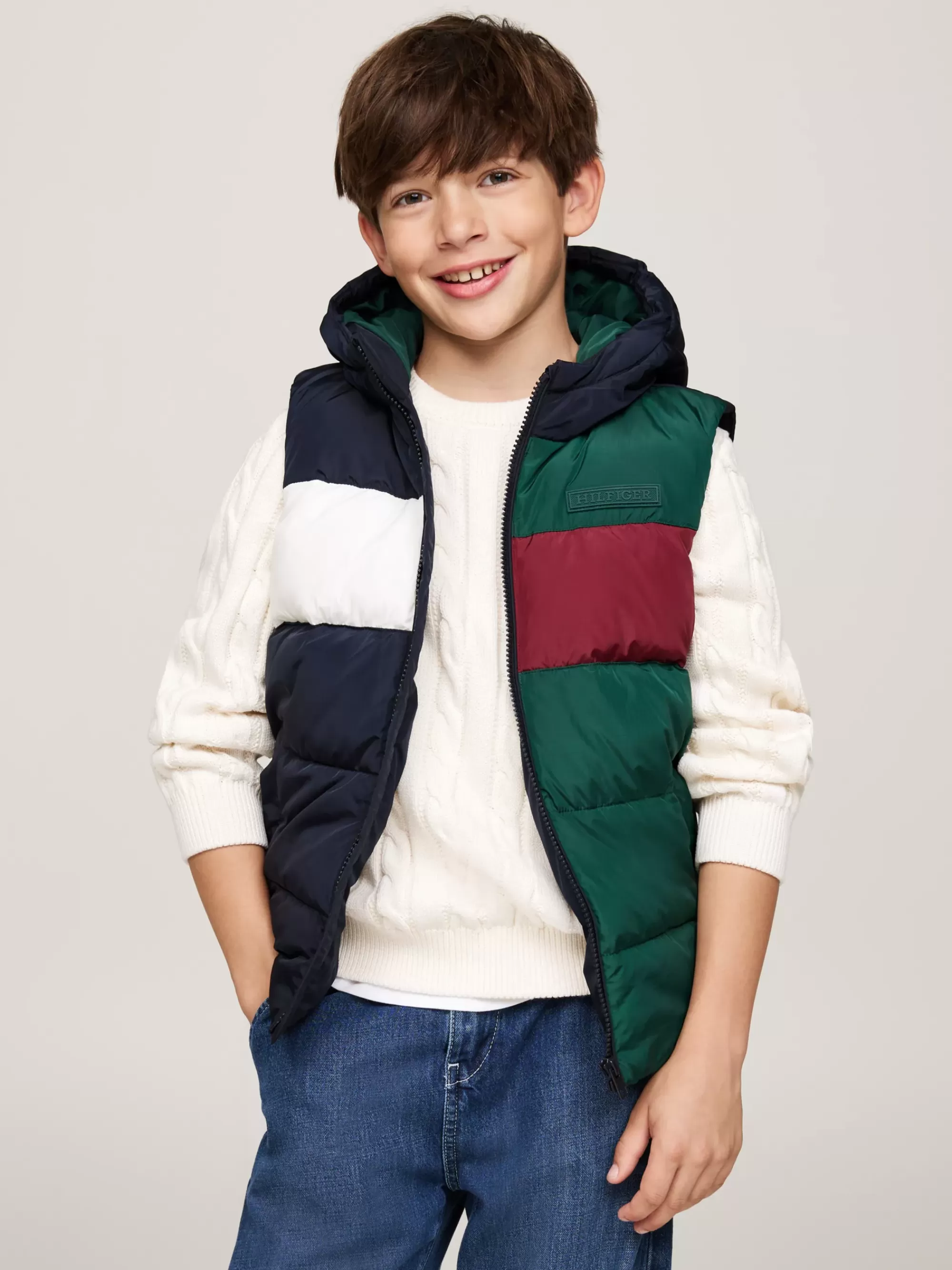 Jassen*Tommy Hilfiger Gewatteerde Ripstop Bodywarmer Met Capuchon ORNAMENTAL GREEN / ROUGE / BLUE