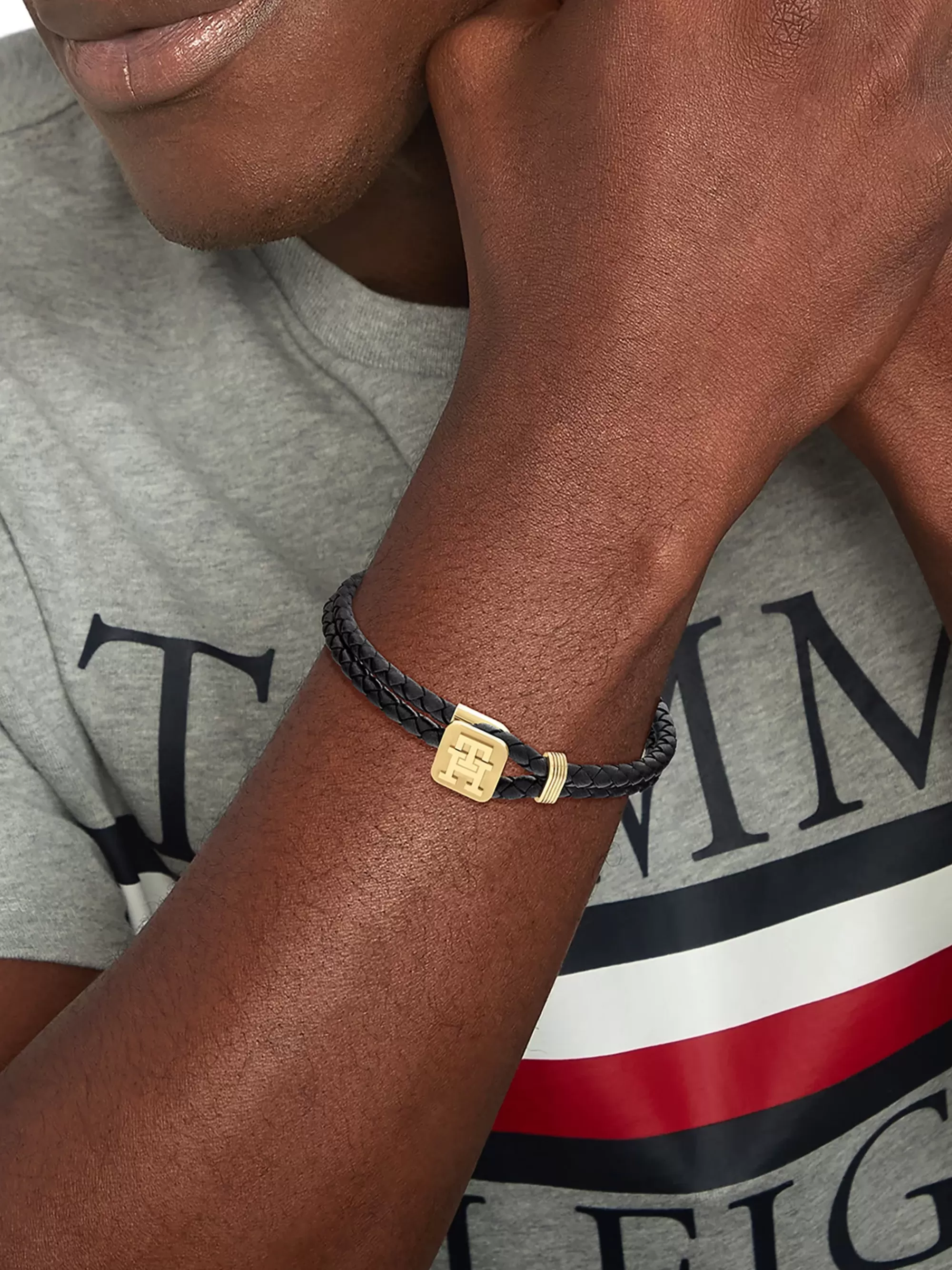 Sieraden & Manchetknopen*Tommy Hilfiger Goudkleurige Gevlochten Leren Armband BLACK