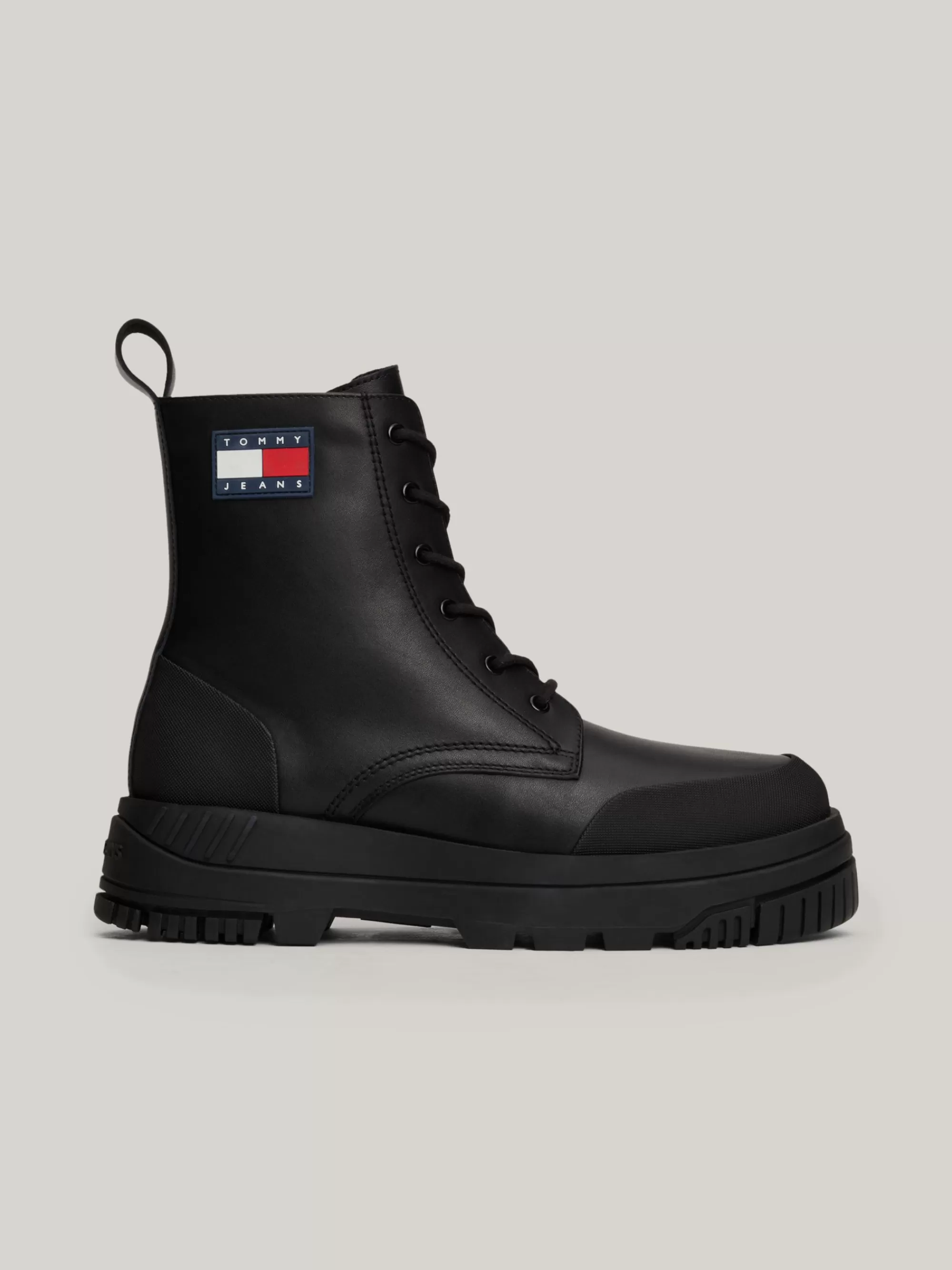 Veterboots | Laarzen*Tommy Hilfiger Halfhoge Leren Veterlaars Met Profielzool BLACK