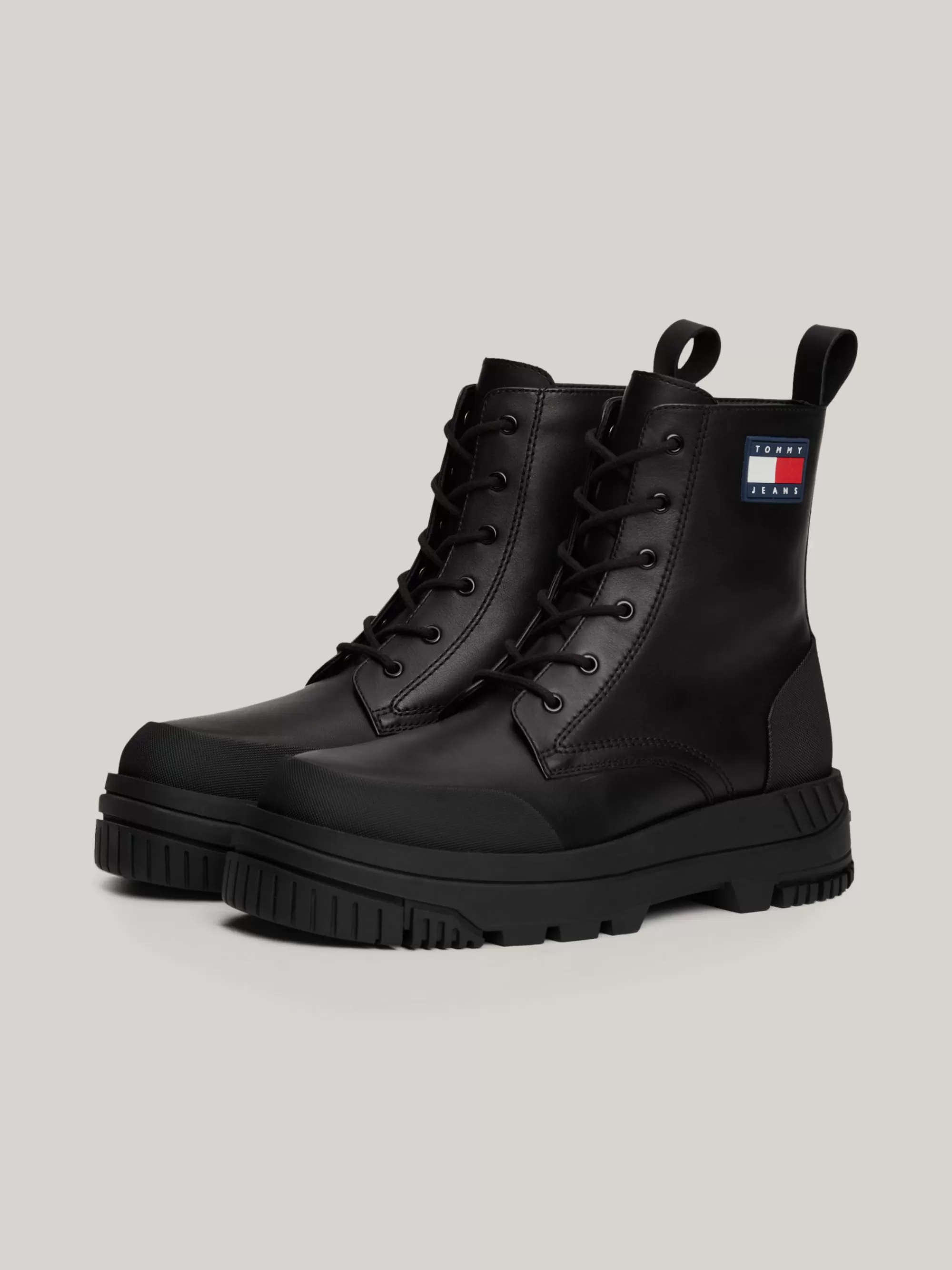 Veterboots | Laarzen*Tommy Hilfiger Halfhoge Leren Veterlaars Met Profielzool BLACK