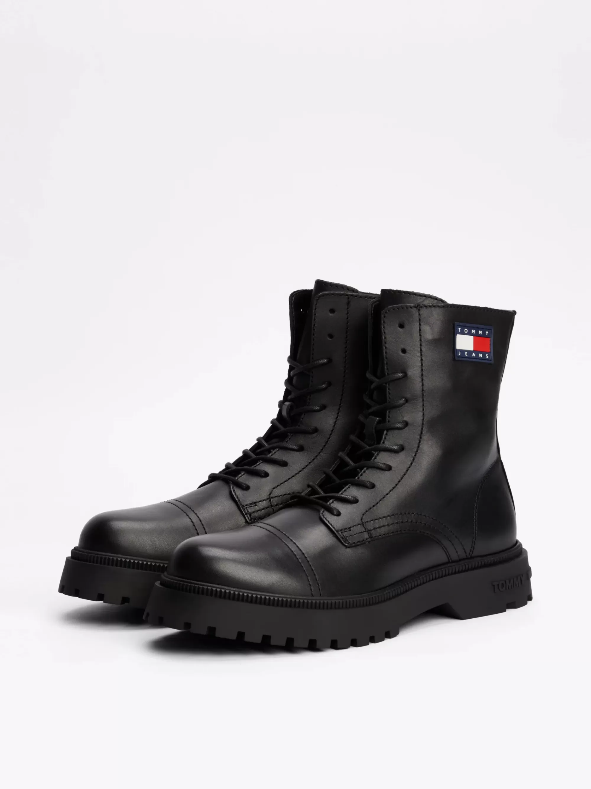 Veterboots | Laarzen*Tommy Hilfiger Halfhoge Leren Veterlaars Met Profielzool BLACK