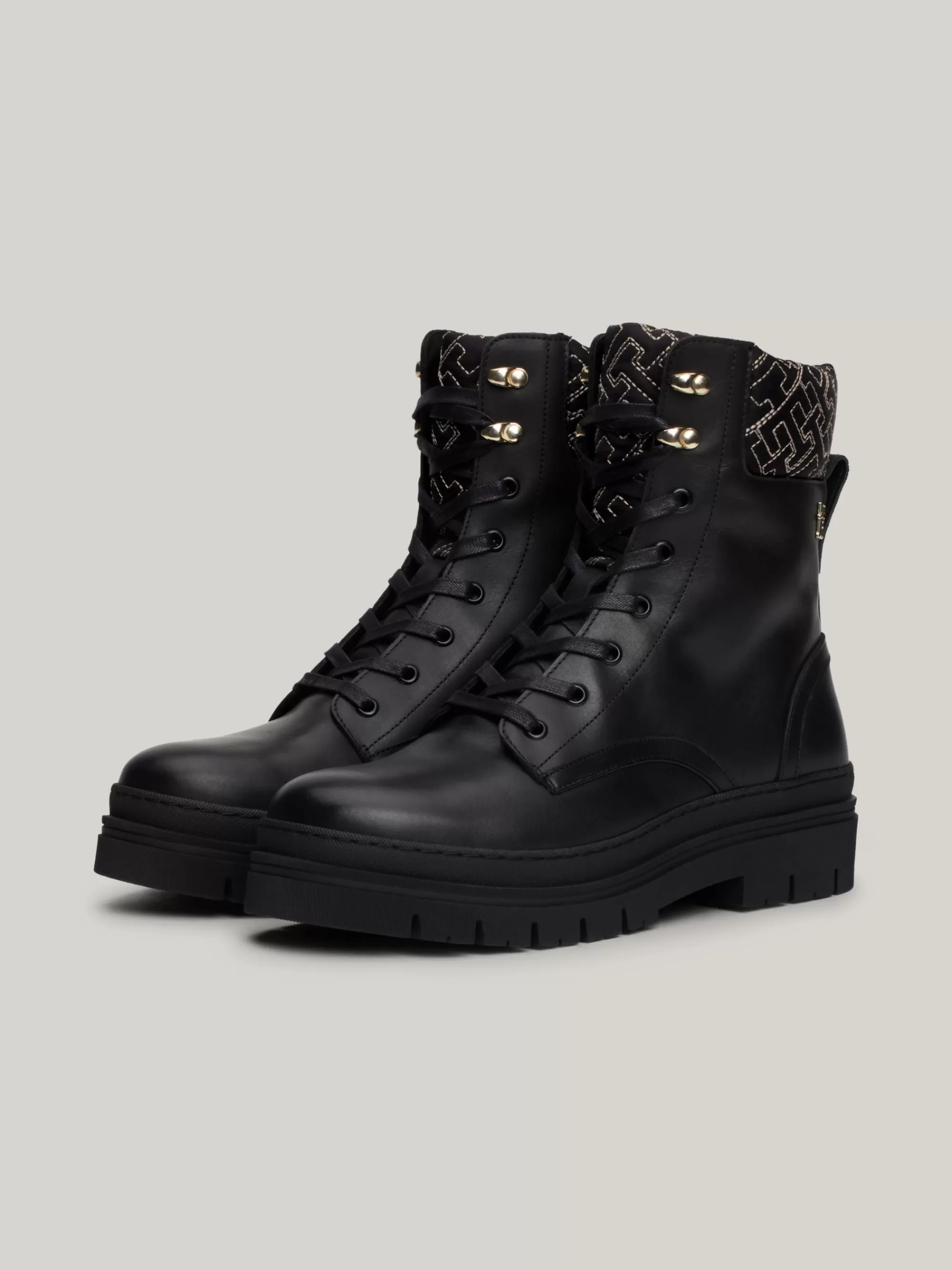 Veterlaarzen | Laarzen & Enkellaarzen*Tommy Hilfiger Halfhoge Leren Veterschoen Met Monogramrand BLACK