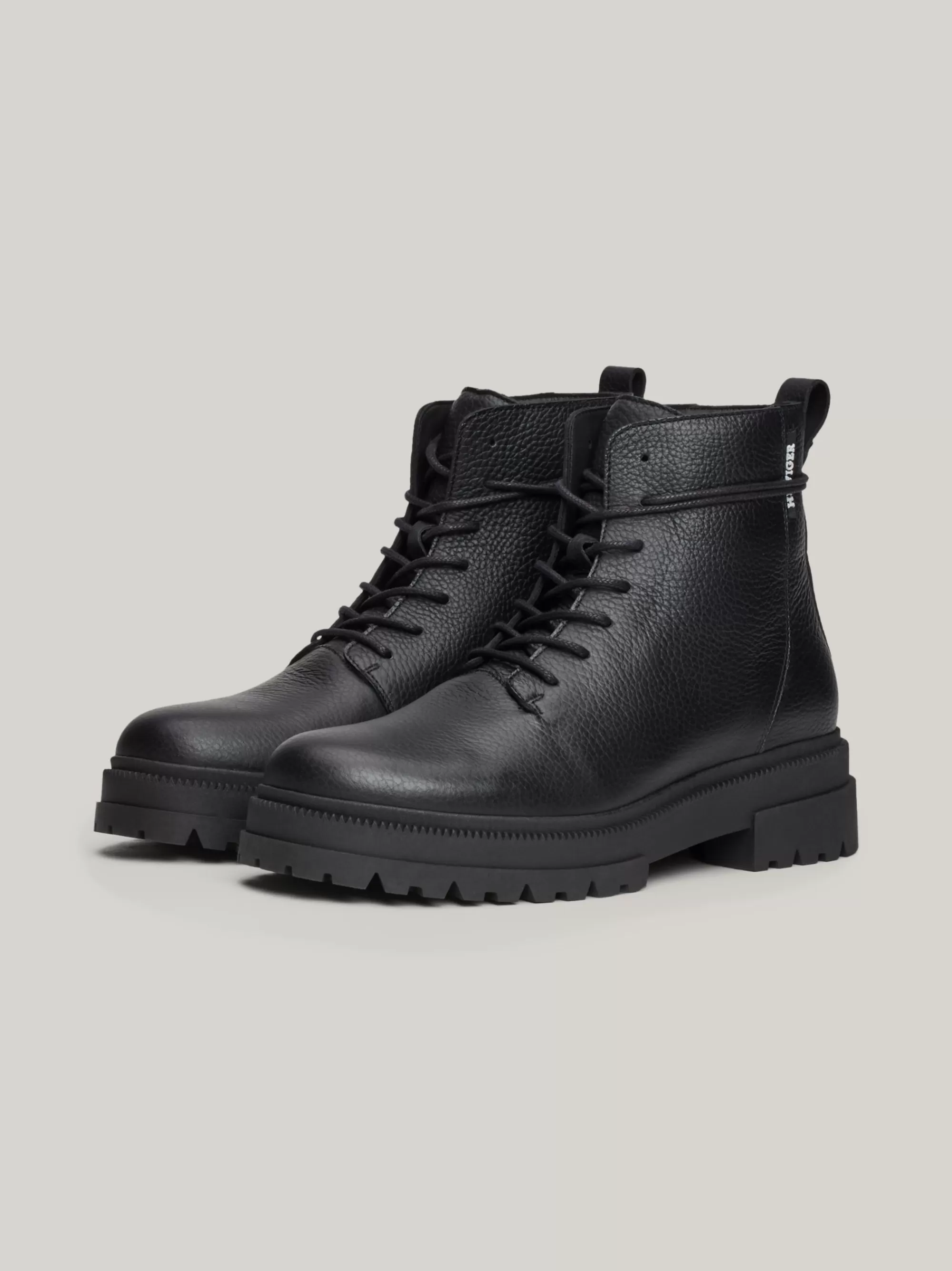 Veterboots | Laarzen*Tommy Hilfiger Halfhoge Veterlaars Van Gegranuleerd Leer BLACK