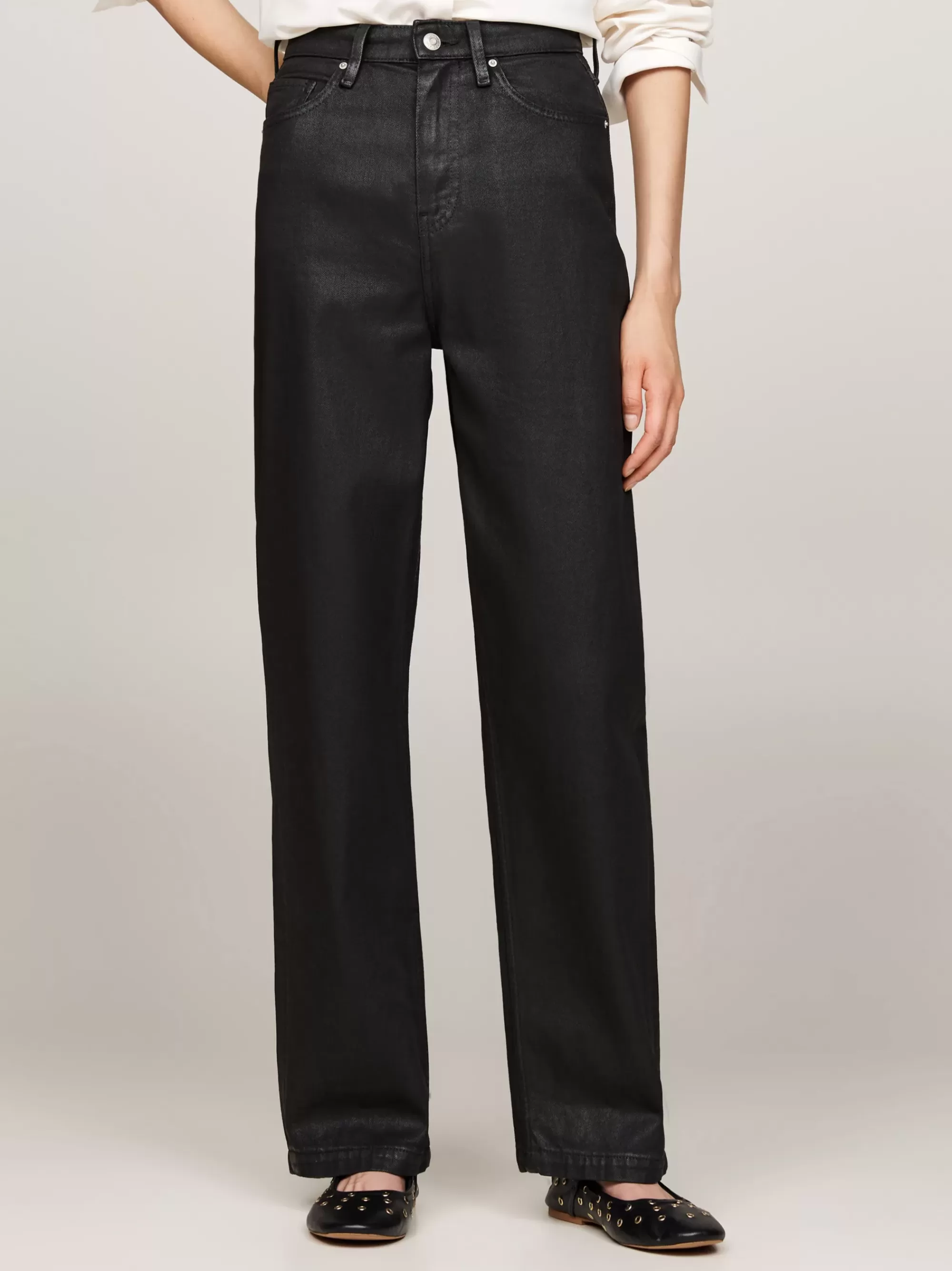 Jeans*Tommy Hilfiger High Rise Relaxed Zwarte Straight Jeans Met Coating BLACK COATED