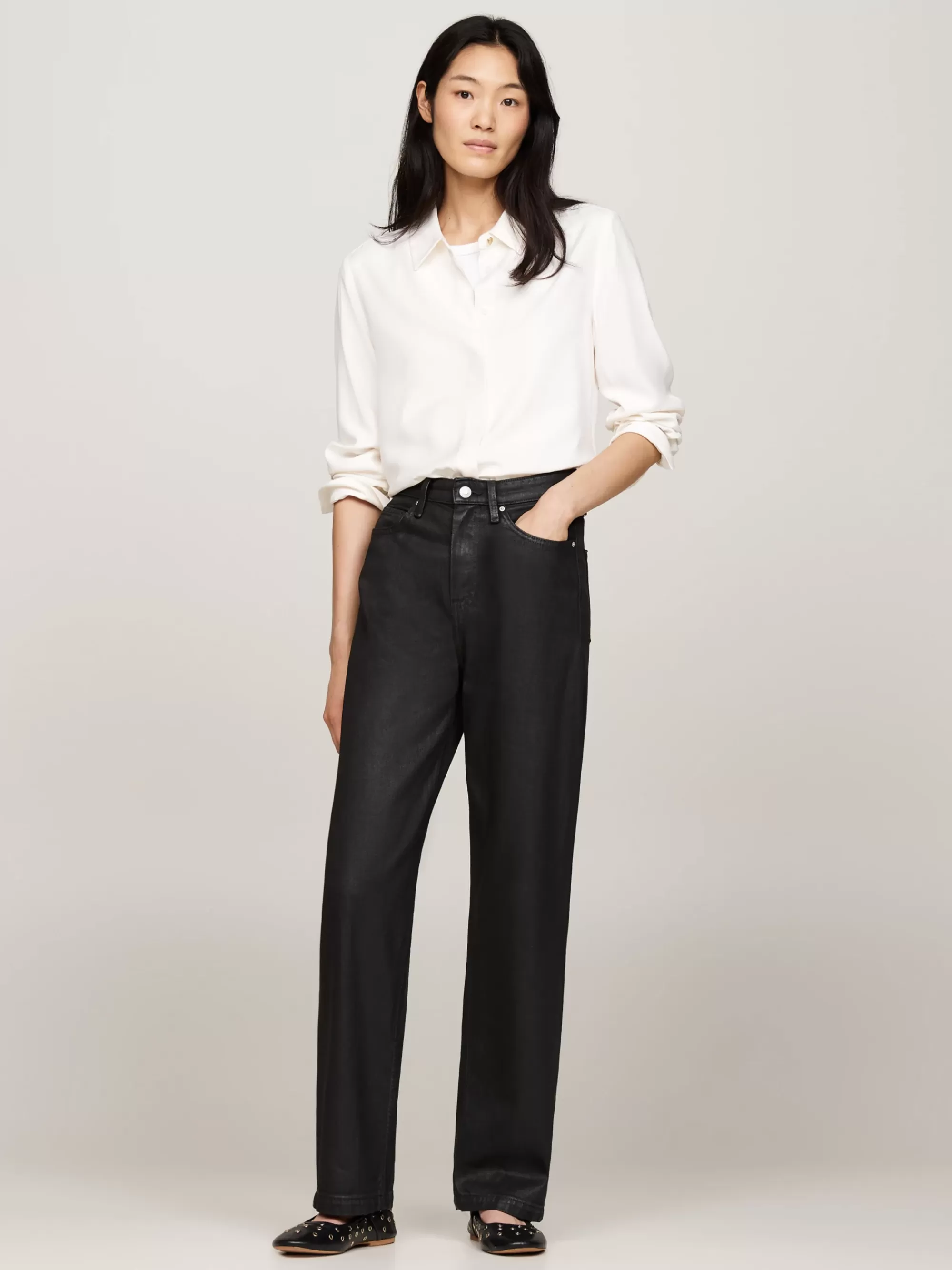 Jeans*Tommy Hilfiger High Rise Relaxed Zwarte Straight Jeans Met Coating BLACK COATED
