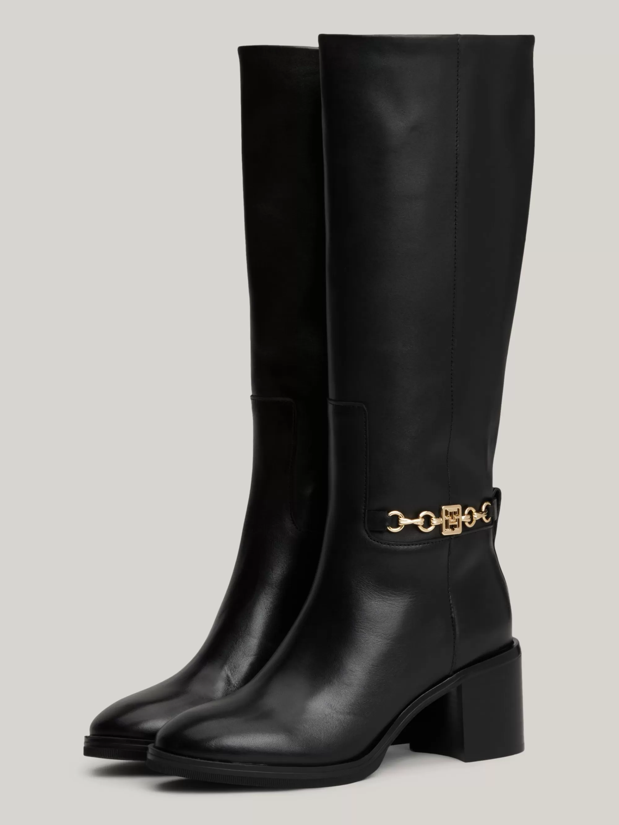 Knee-High Laarzen | Laarzen & Enkellaarzen*Tommy Hilfiger Hoge Leren Laars Met Blokhak En Kettingdetail BLACK