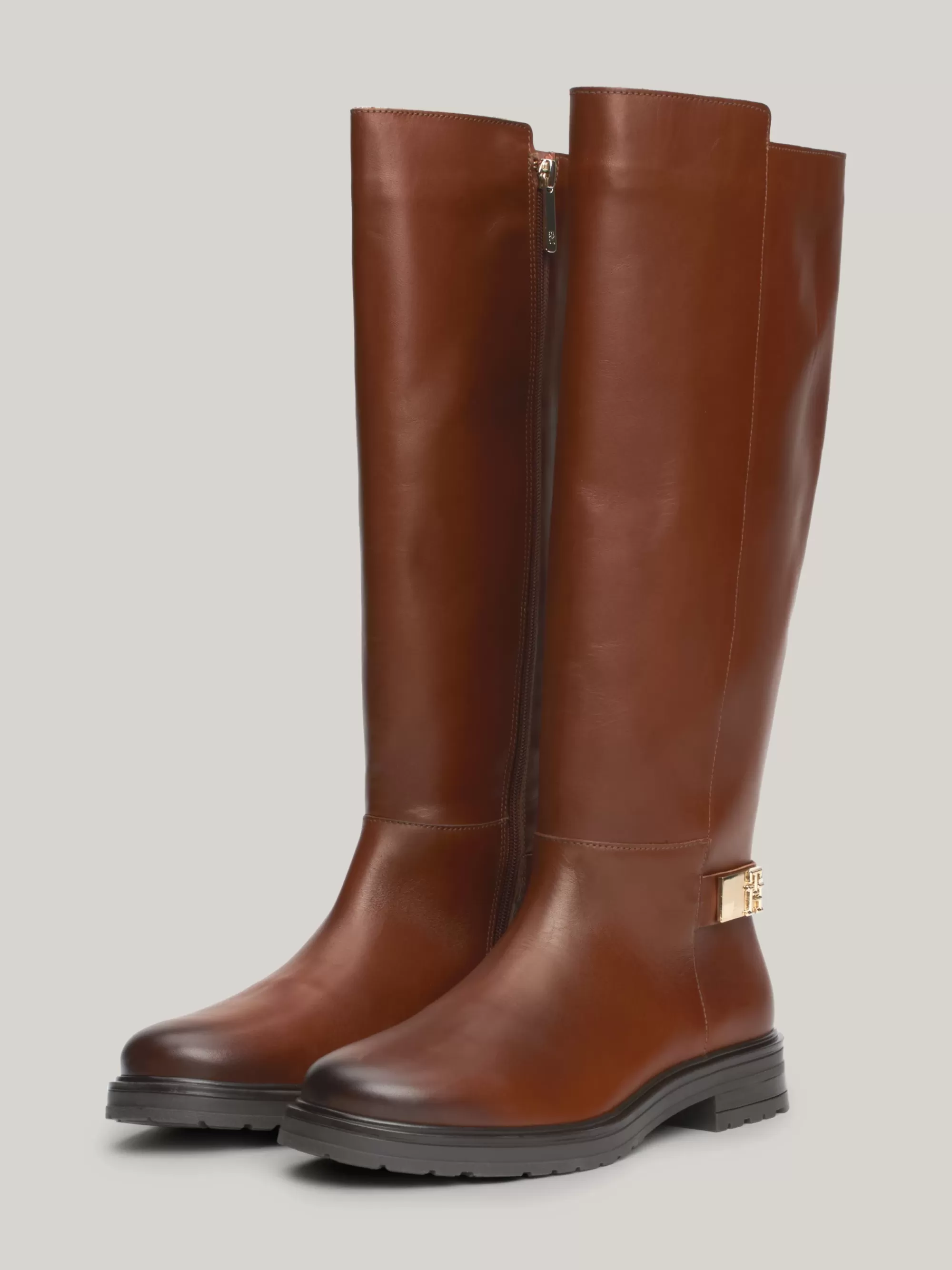 Knee-High Laarzen | Laarzen & Enkellaarzen*Tommy Hilfiger Hoge Leren Laars Met Enkelbandje COGNAC BROWN