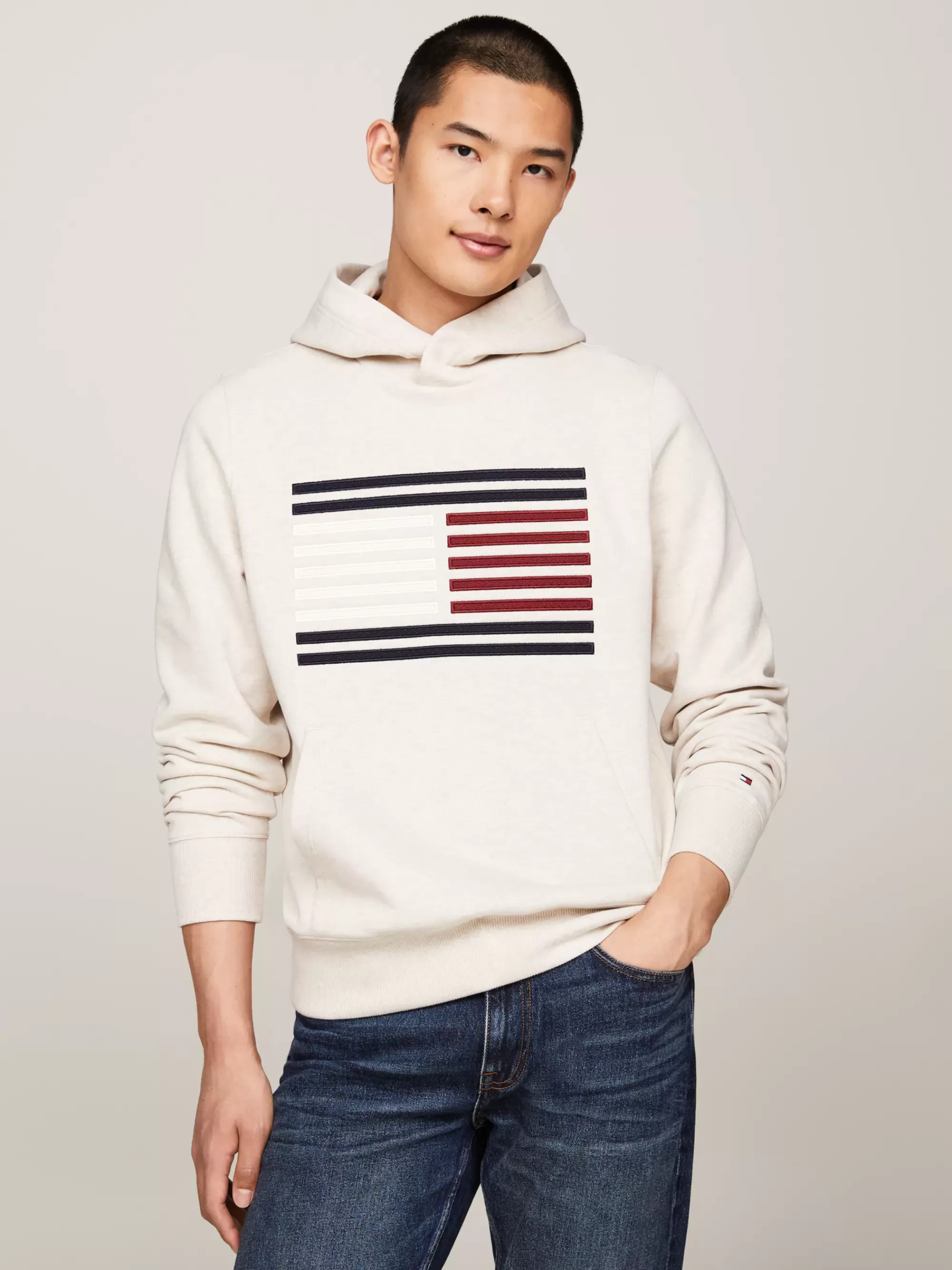 Sweatshirts & Hoodies*Tommy Hilfiger Hoodie Met Grosgrain Hilfiger-vlag HEATHERED OATMILK