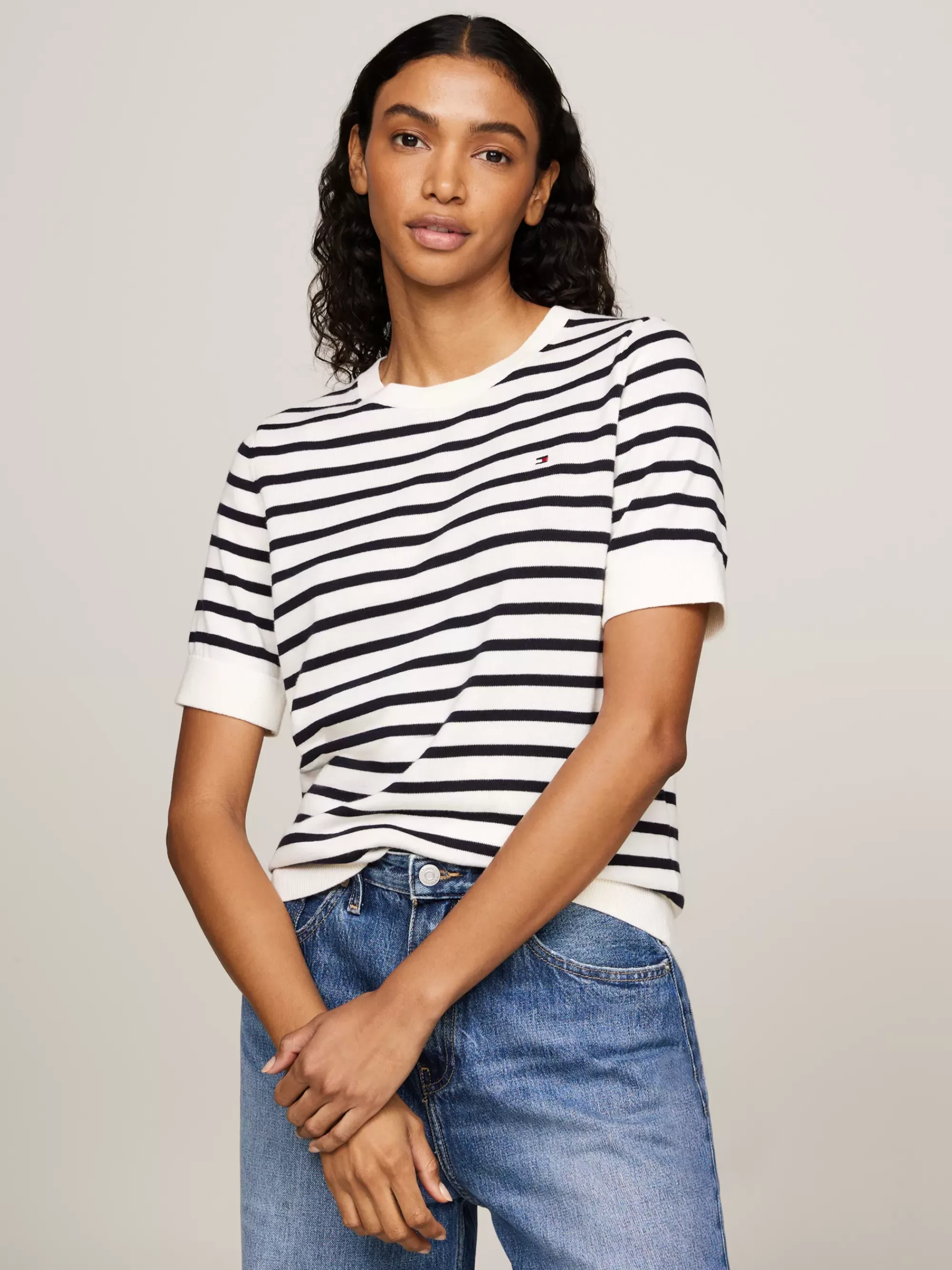 Truien Met Ronde Hals | Truien*Tommy Hilfiger Jersey Trui Met Korte Mouwen En Vlag IVORY PETAL/ DESERT SKY STP