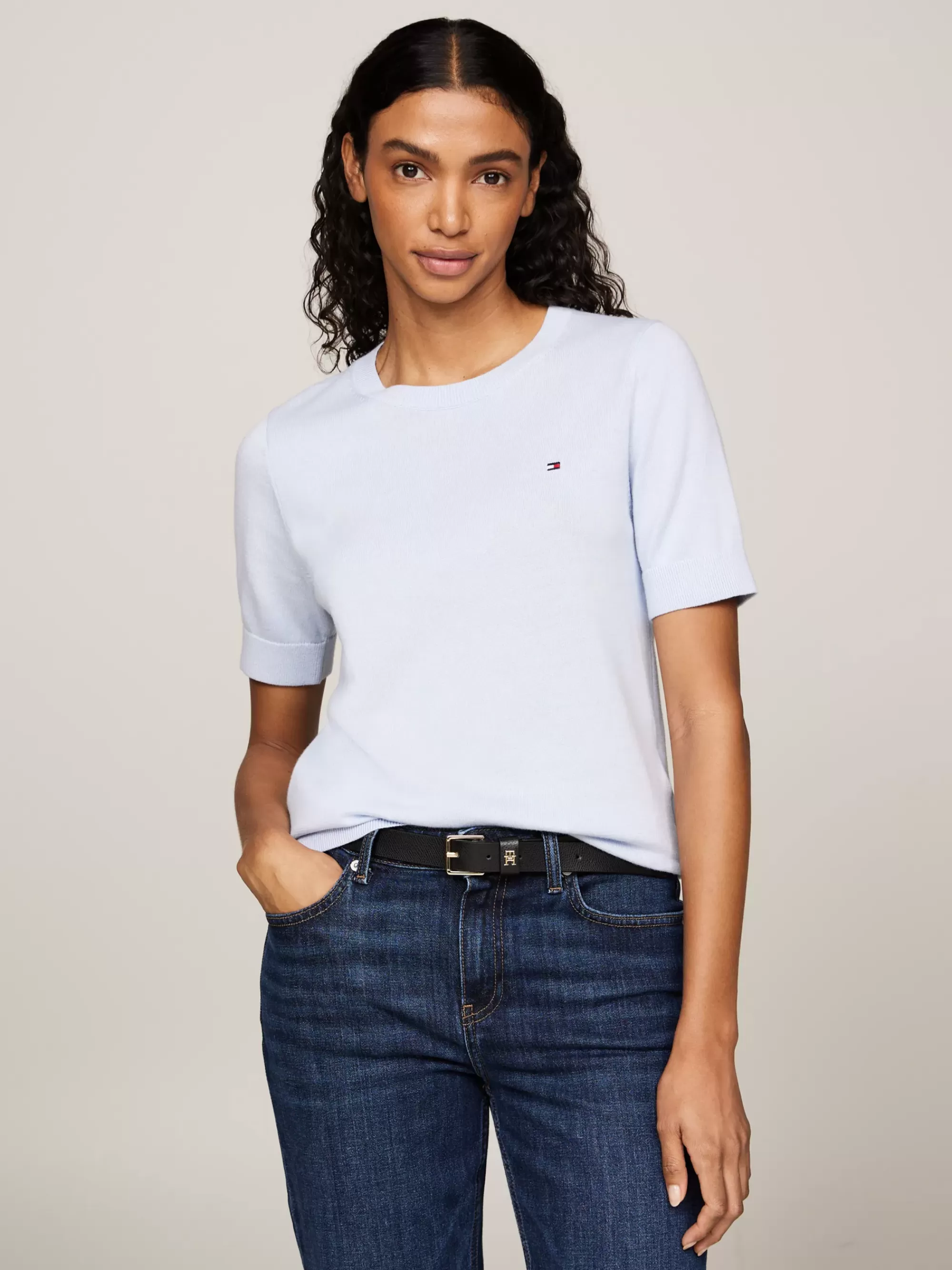 Truien Met Ronde Hals | Truien*Tommy Hilfiger Jersey Trui Met Korte Mouwen En Vlag BREEZY BLUE