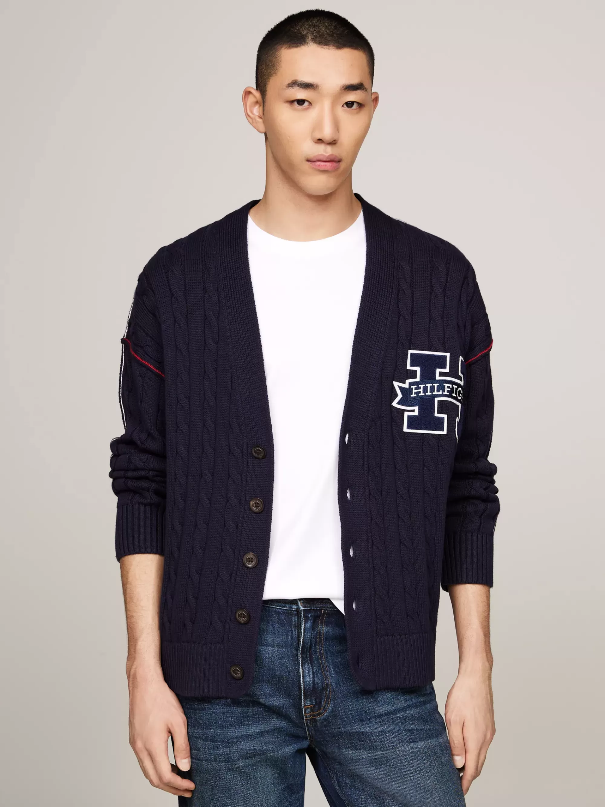 Vesten | Truien & Vesten*Tommy Hilfiger Kabelgebreid V-halsvest Met Logo-appliqué DESERT SKY