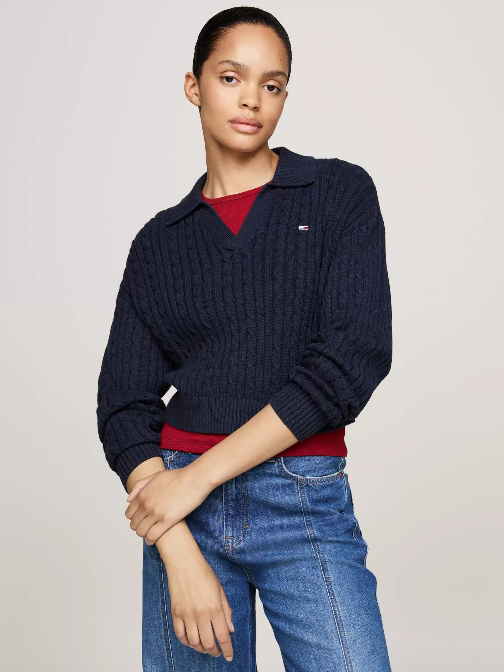 Truien | Truien & Vesten*Tommy Hilfiger Kabelgebreide Boxy Fit Trui Met Rugbykraag DARK NIGHT NAVY MELANGE