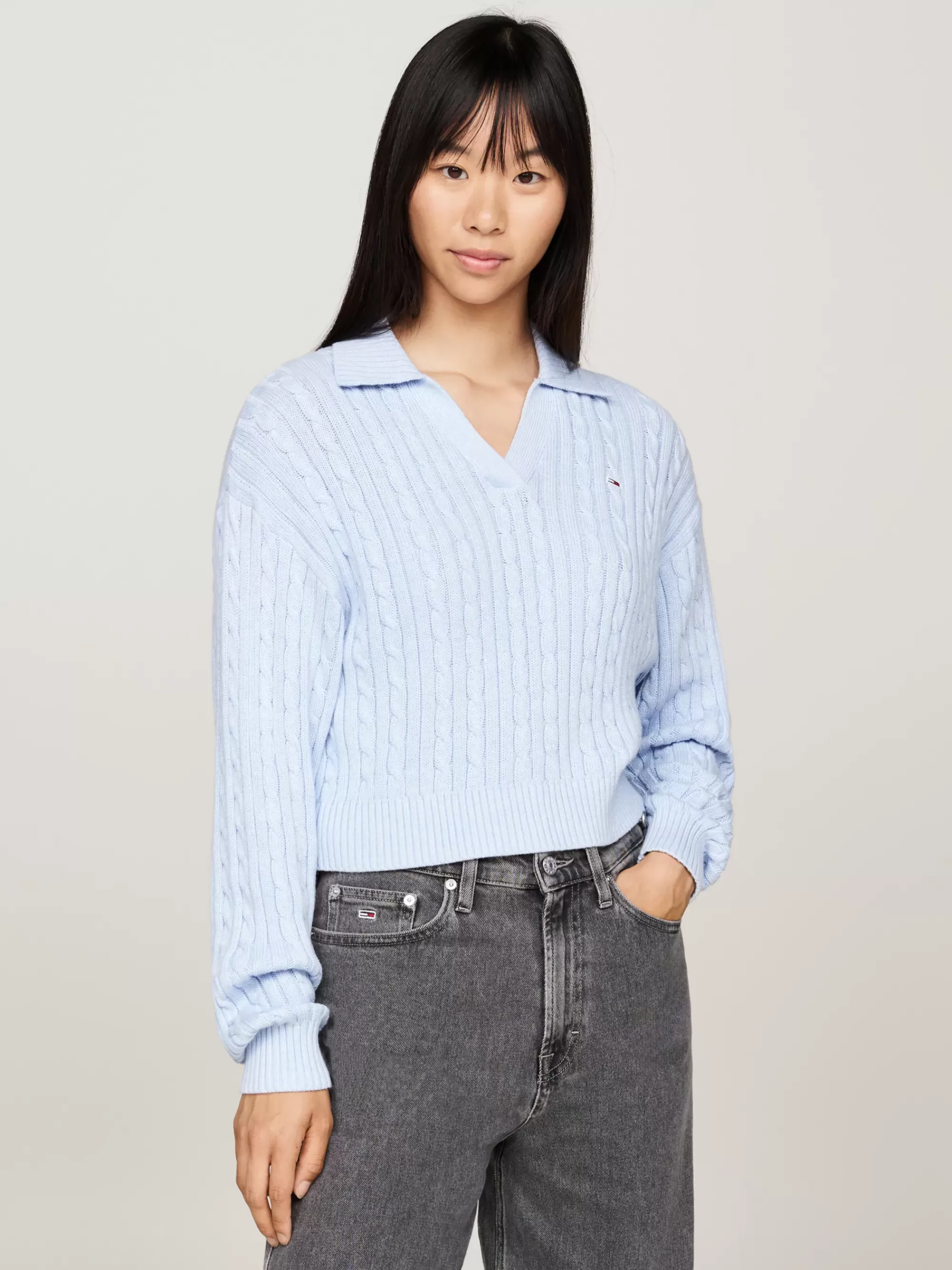 Truien | Truien & Vesten*Tommy Hilfiger Kabelgebreide Boxy Fit Trui Met Rugbykraag VESSEL BLUE MELANGE