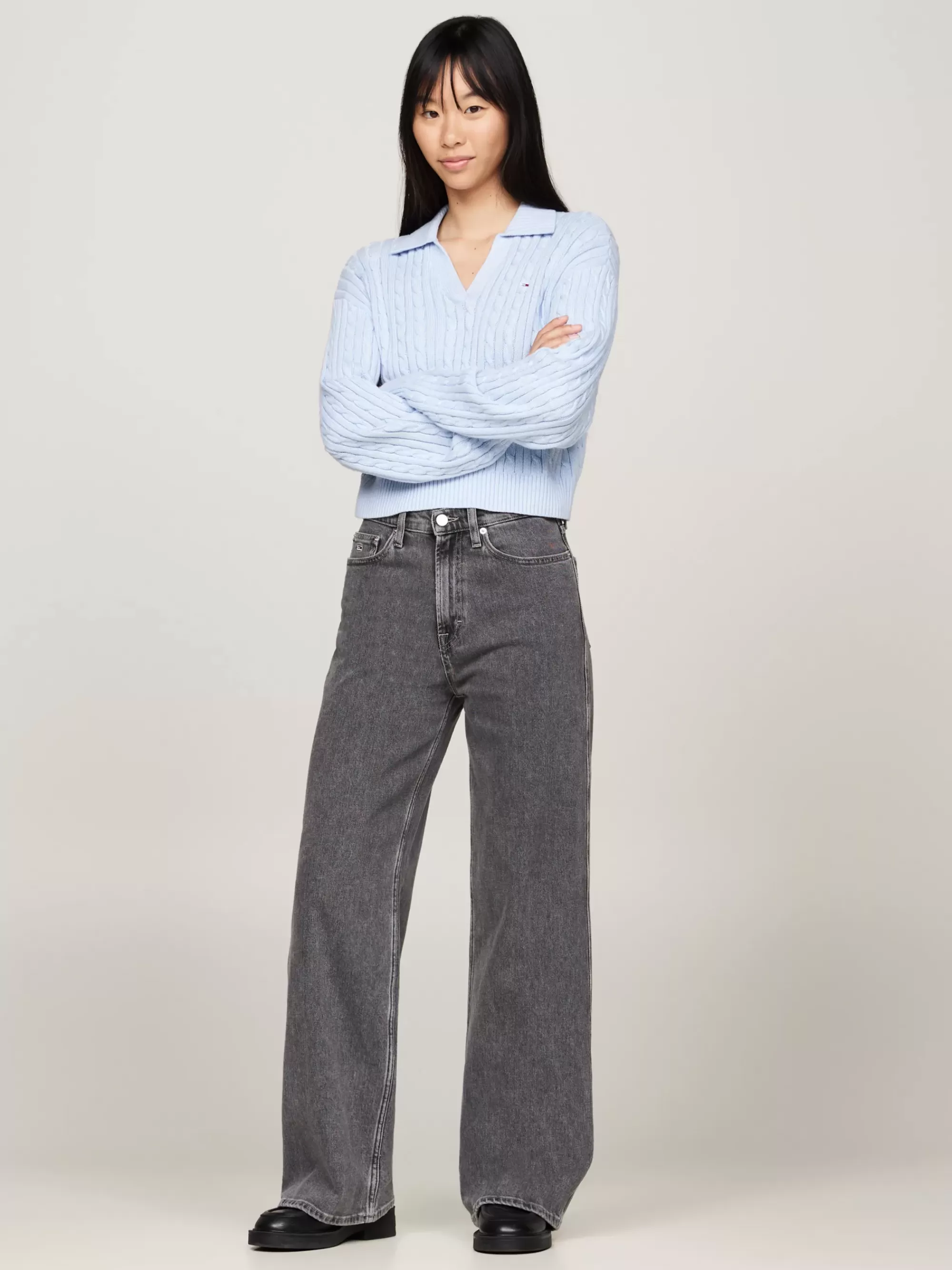 Truien | Truien & Vesten*Tommy Hilfiger Kabelgebreide Boxy Fit Trui Met Rugbykraag VESSEL BLUE MELANGE