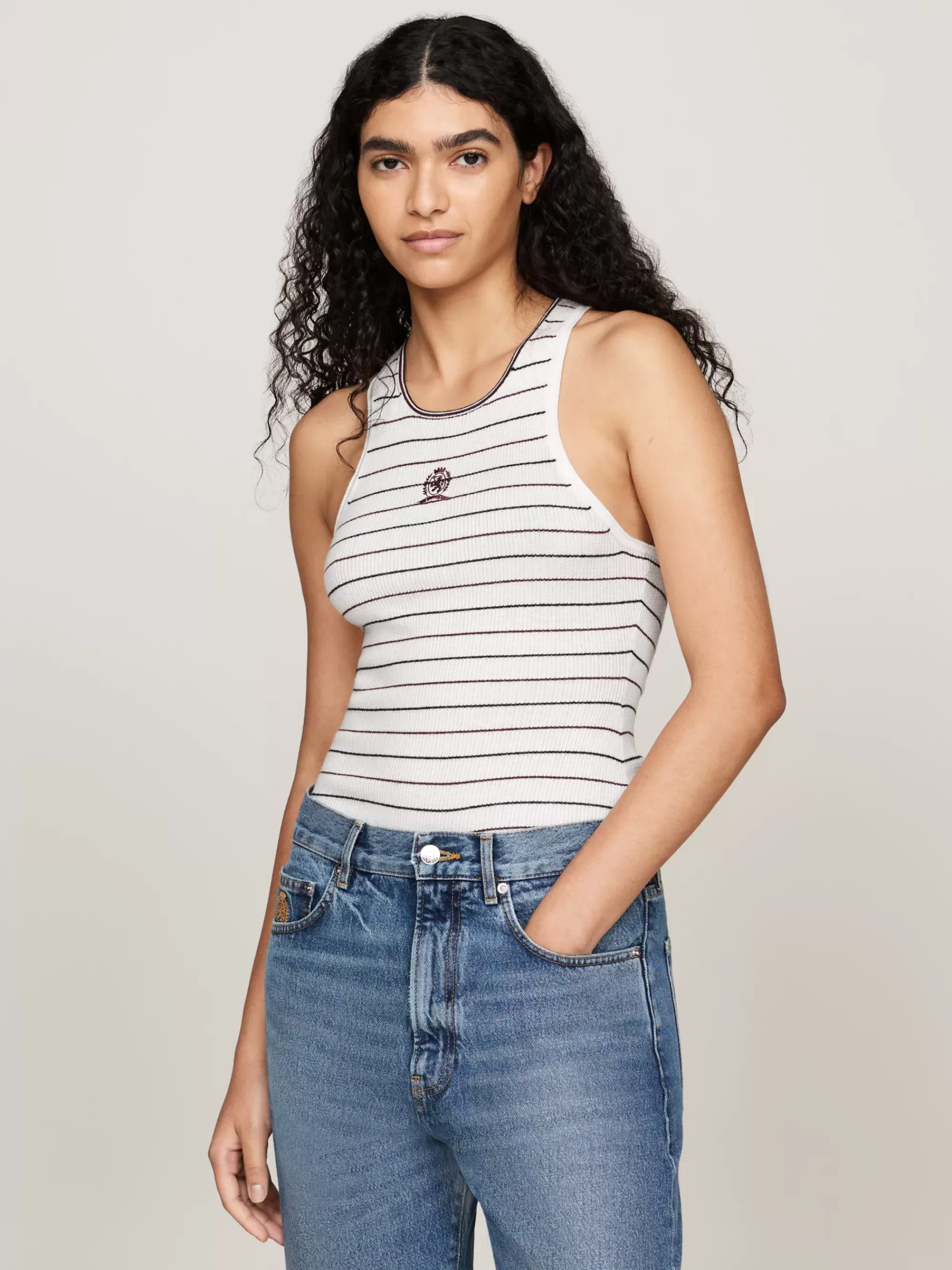 Truien Met Ronde Hals | Truien*Tommy Hilfiger Kabelgebreide Gestreepte Tanktop Met Embleem IVORY