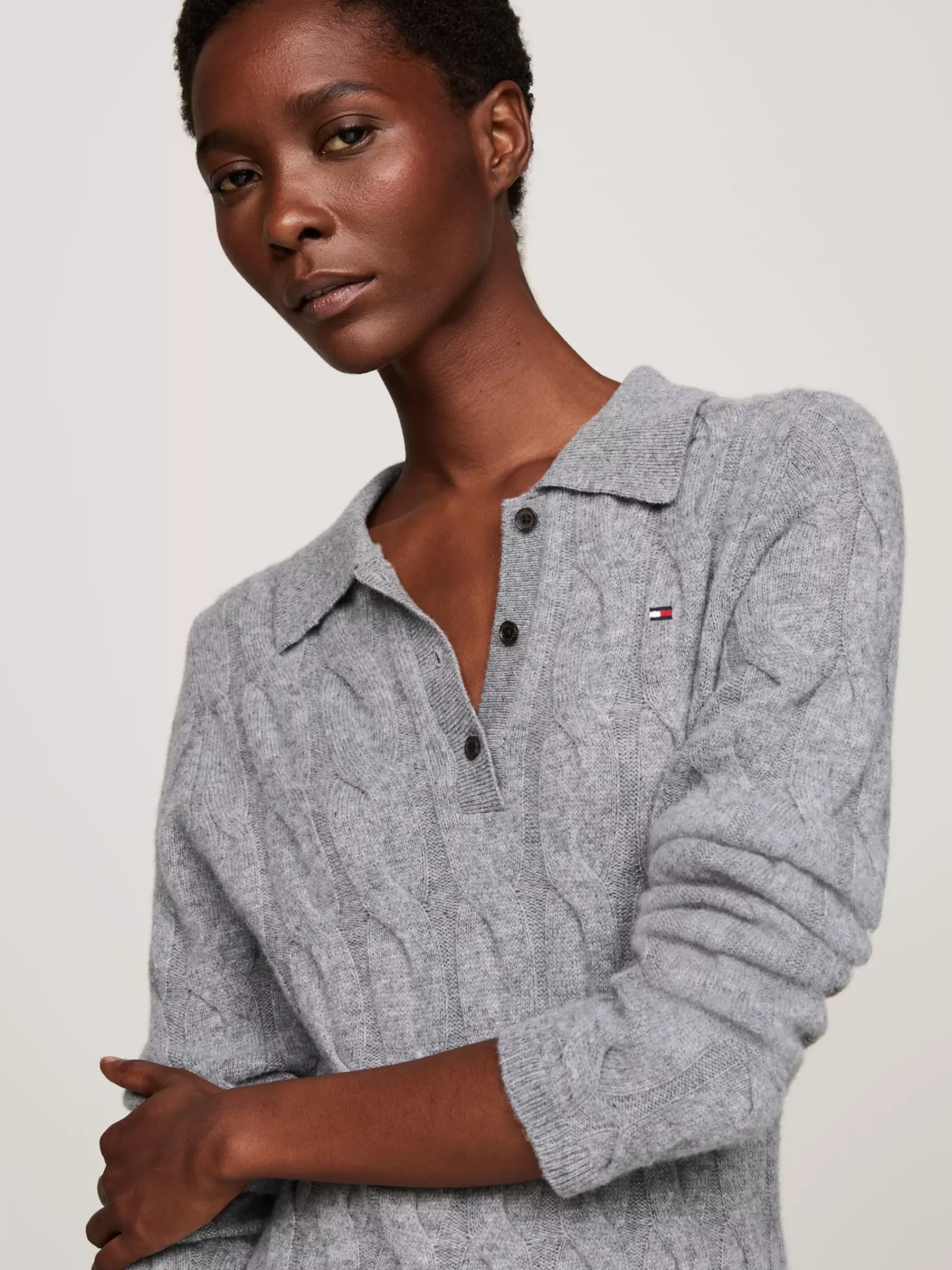 Jurken*Tommy Hilfiger Kabelgebreide Mini-polojurk MEDIUM HEATHER GREY