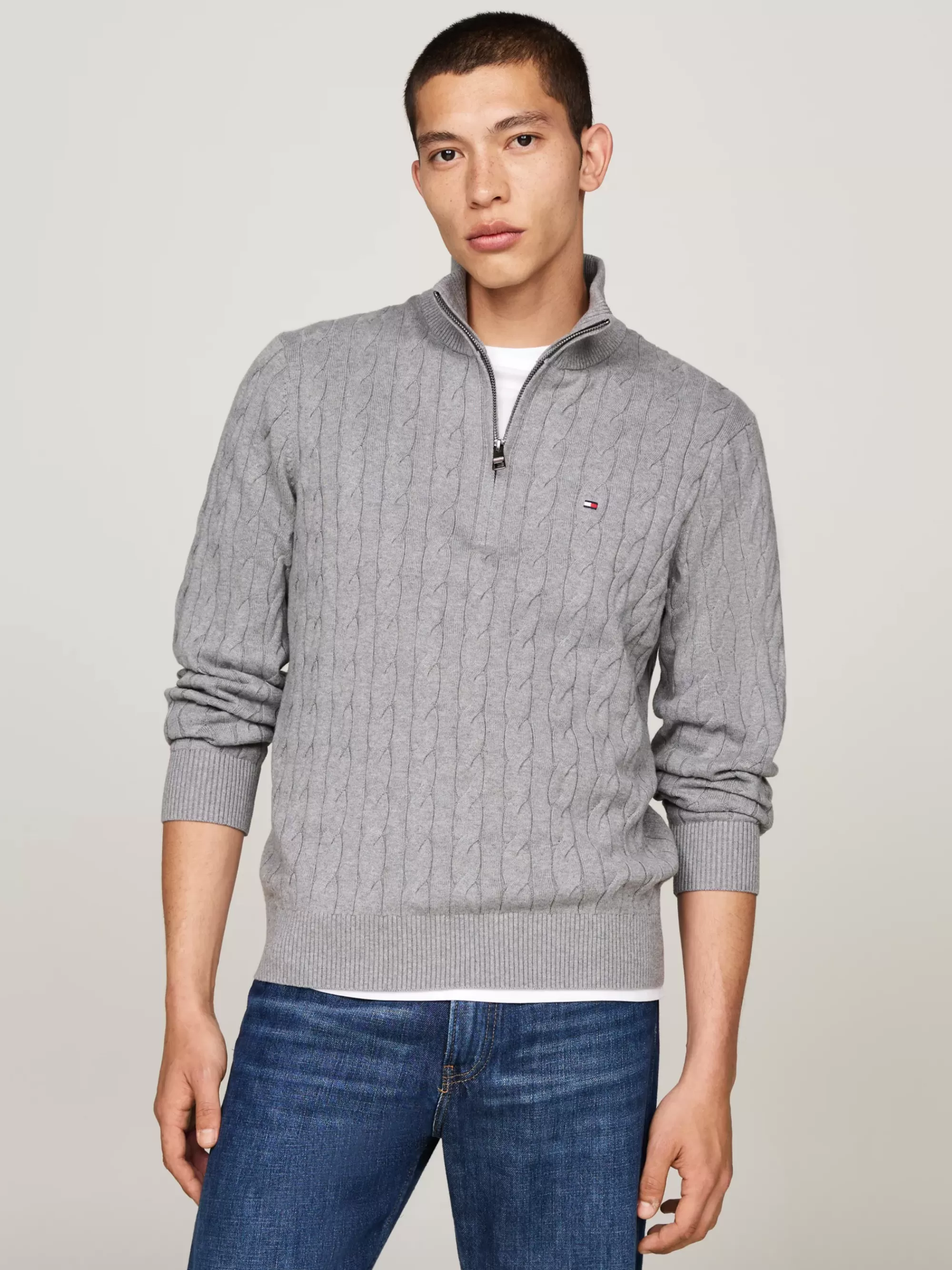 Trui Met Rits | Truien*Tommy Hilfiger Kabelgebreide Trui Met Halve Rits MEDIUM GREY HEATHER