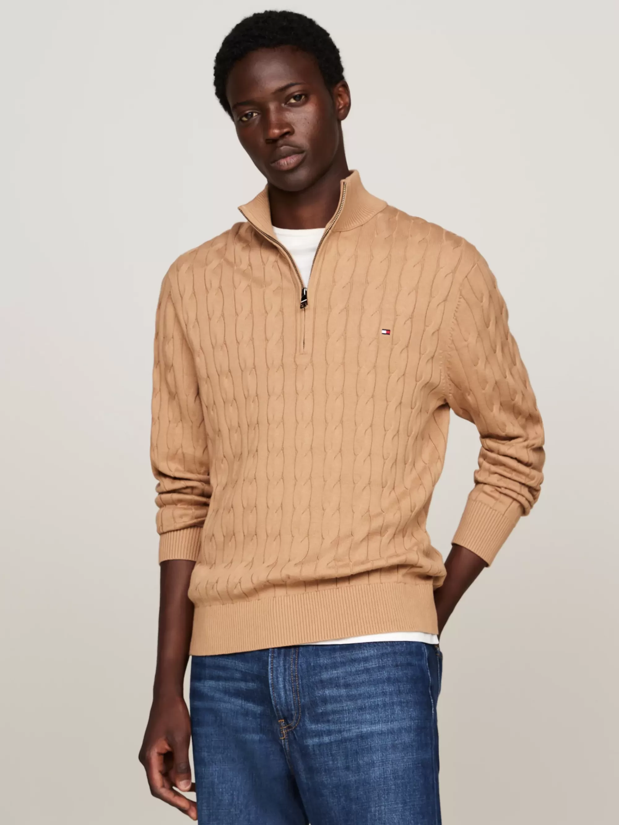 Trui Met Rits | Truien*Tommy Hilfiger Kabelgebreide Trui Met Halve Rits SAFARI CANVAS