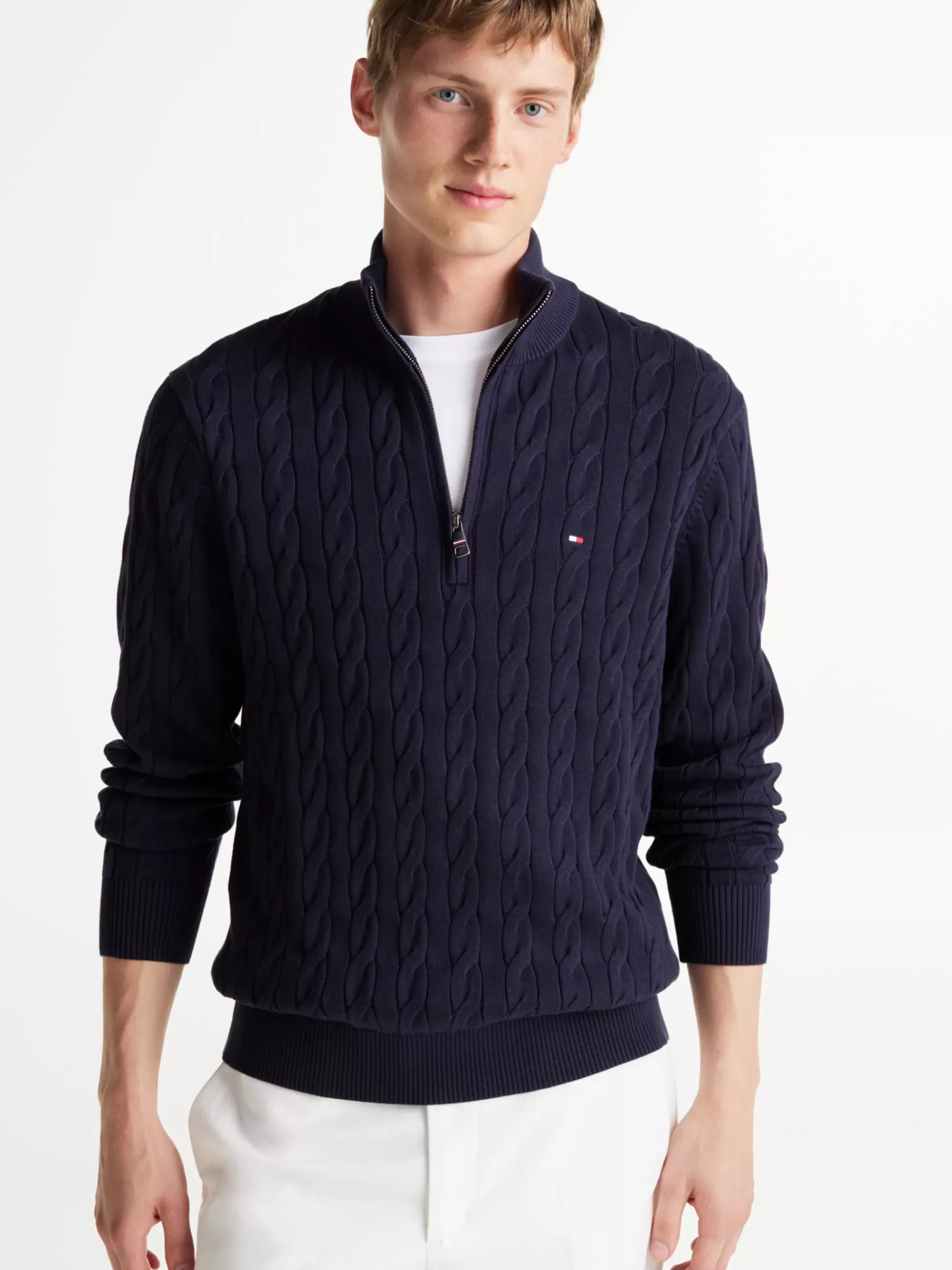 Trui Met Rits | Truien*Tommy Hilfiger Kabelgebreide Trui Met Halve Rits DESERT SKY