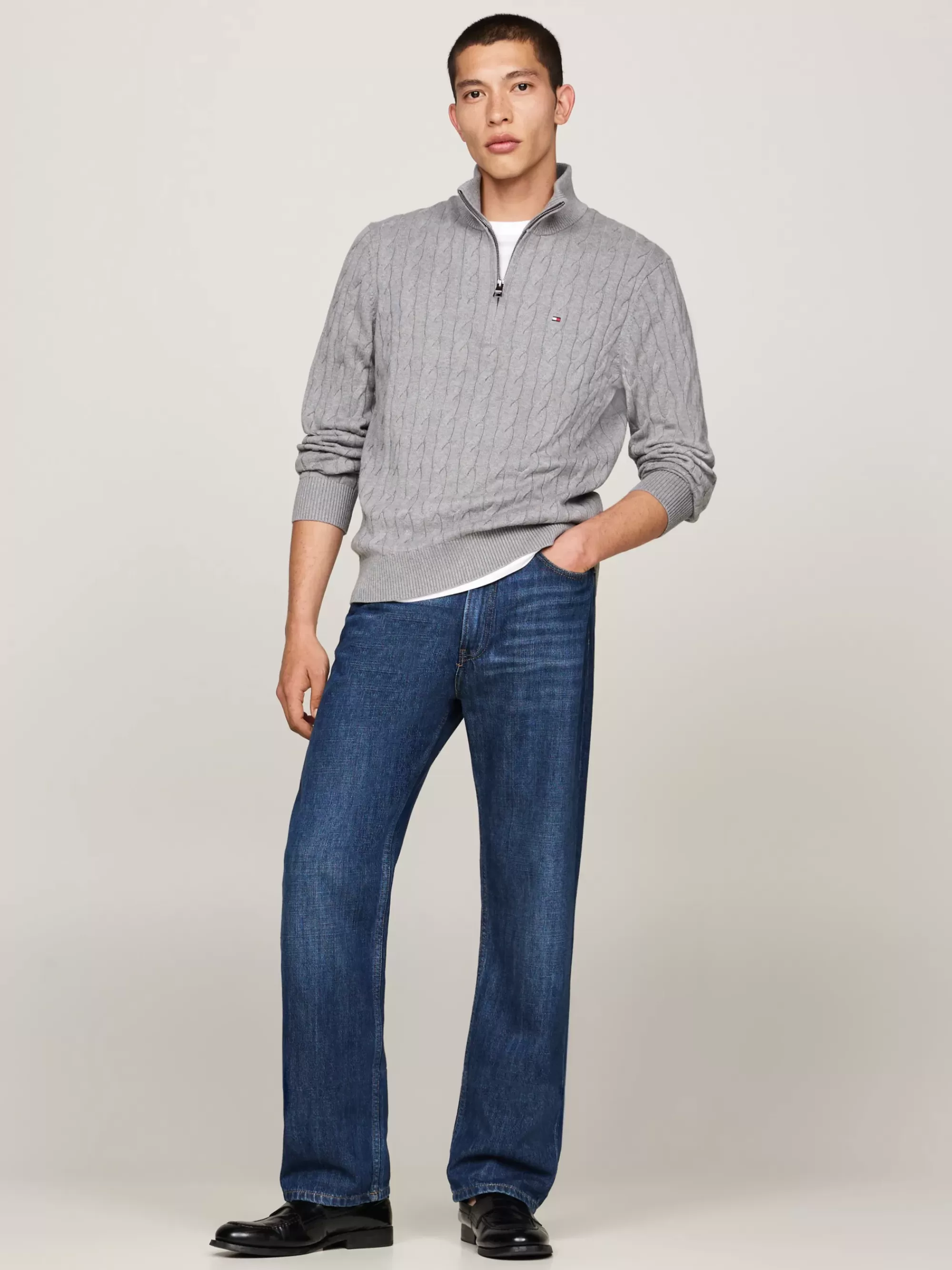 Trui Met Rits | Truien*Tommy Hilfiger Kabelgebreide Trui Met Halve Rits MEDIUM GREY HEATHER
