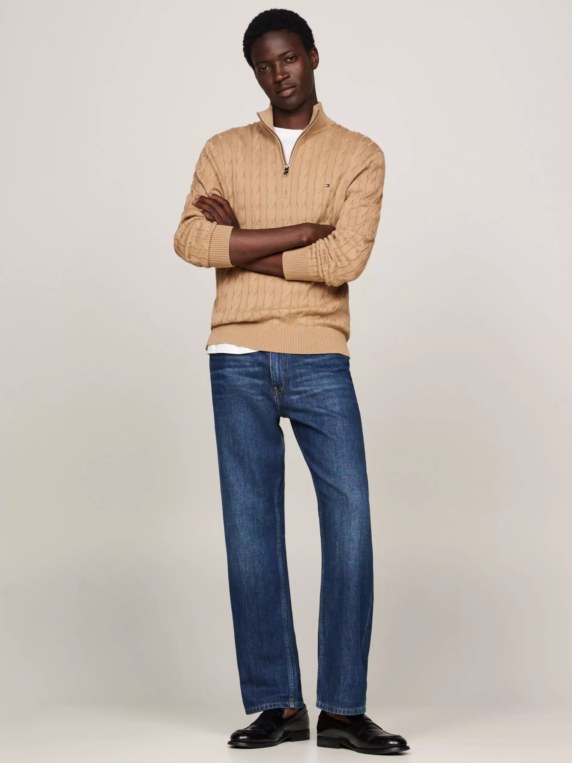 Trui Met Rits | Truien*Tommy Hilfiger Kabelgebreide Trui Met Halve Rits SAFARI CANVAS