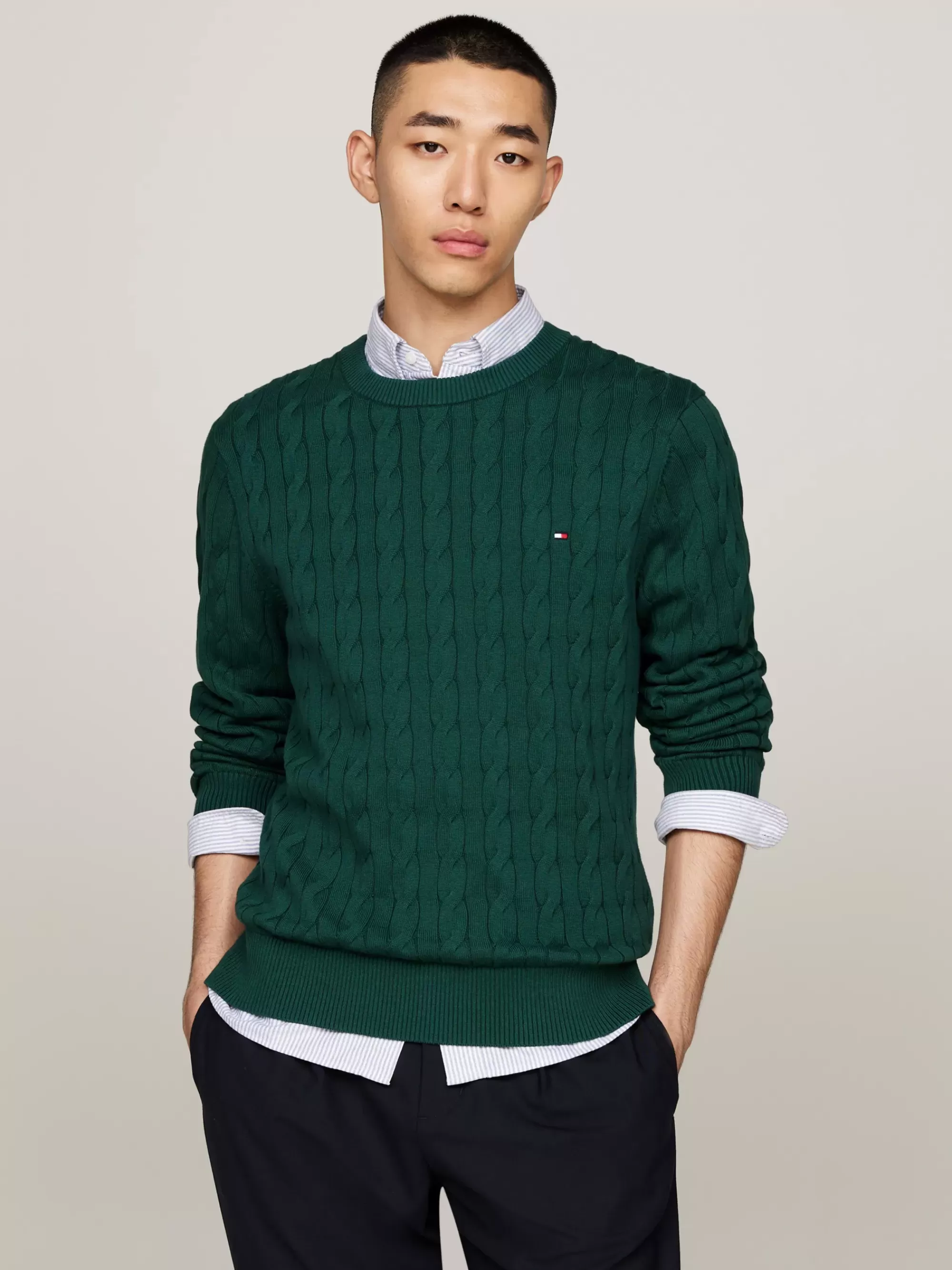Truien Met Ronde Hals | Truien*Tommy Hilfiger Kabelgebreide Trui Met Ronde Hals ORNAMENTAL GREEN
