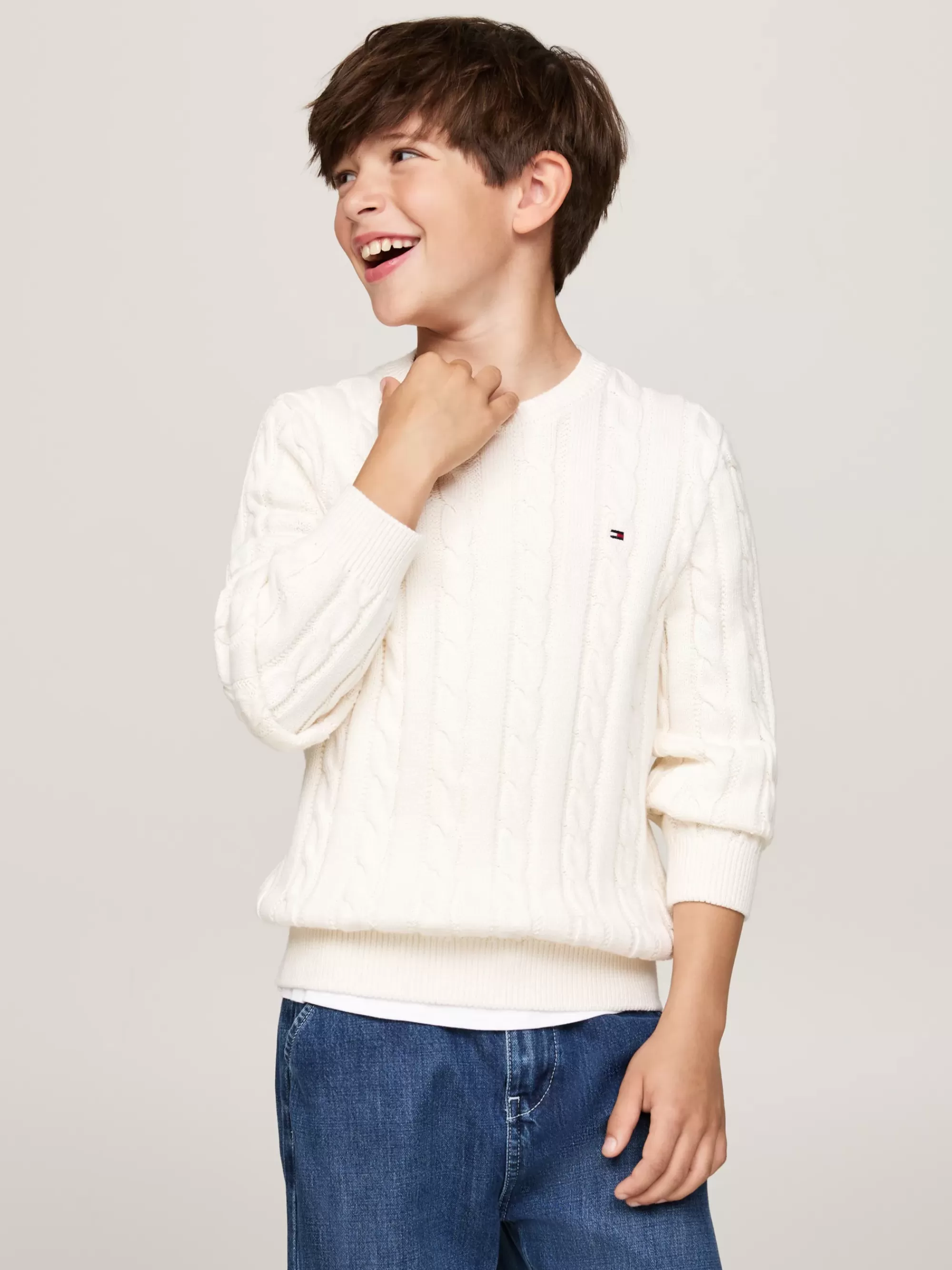 Truien & Vesten*Tommy Hilfiger Kabelgebreide Trui Met Ronde Hals IVORY PETAL