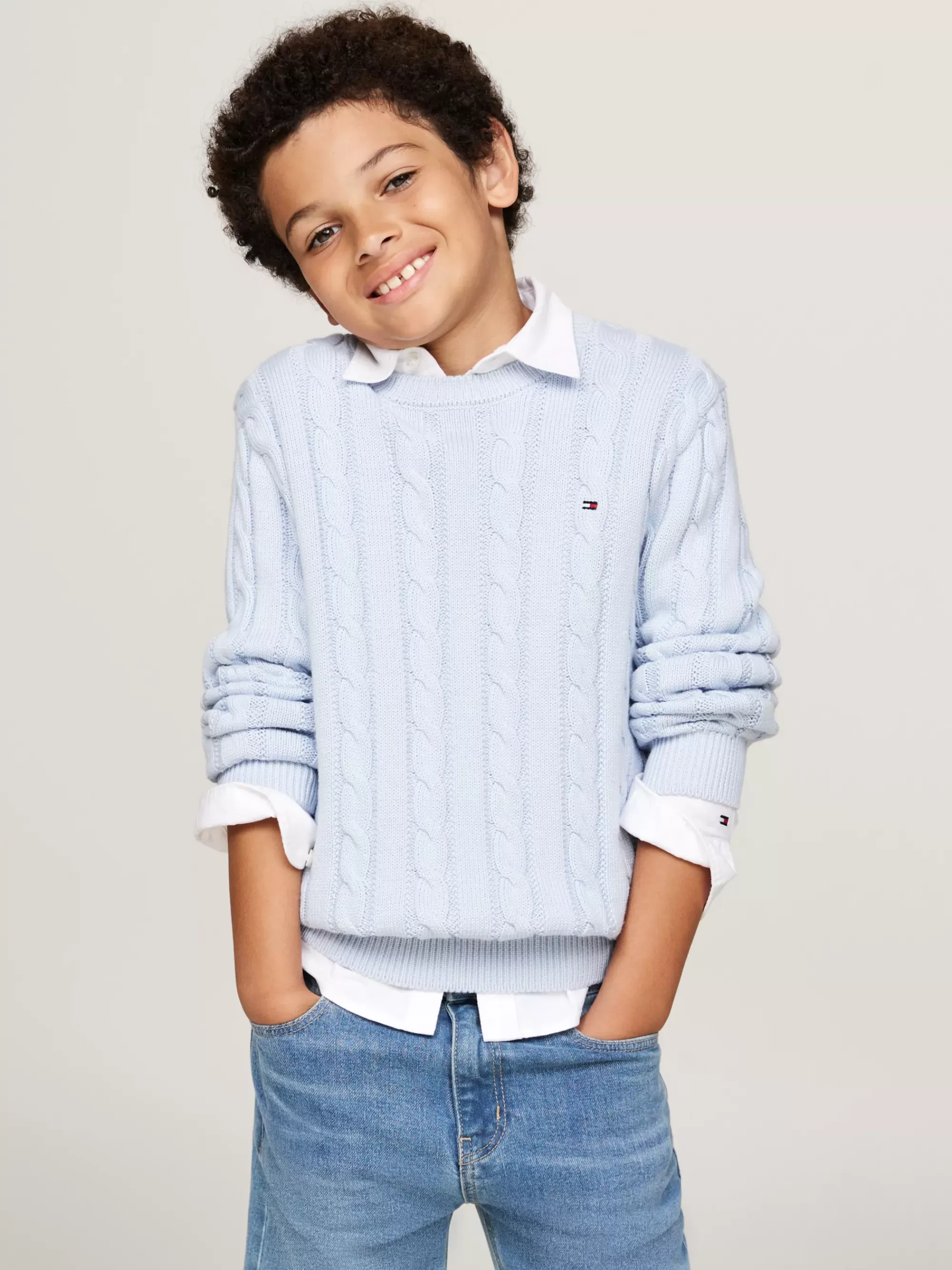 Truien & Vesten*Tommy Hilfiger Kabelgebreide Trui Met Ronde Hals BREEZY BLUE
