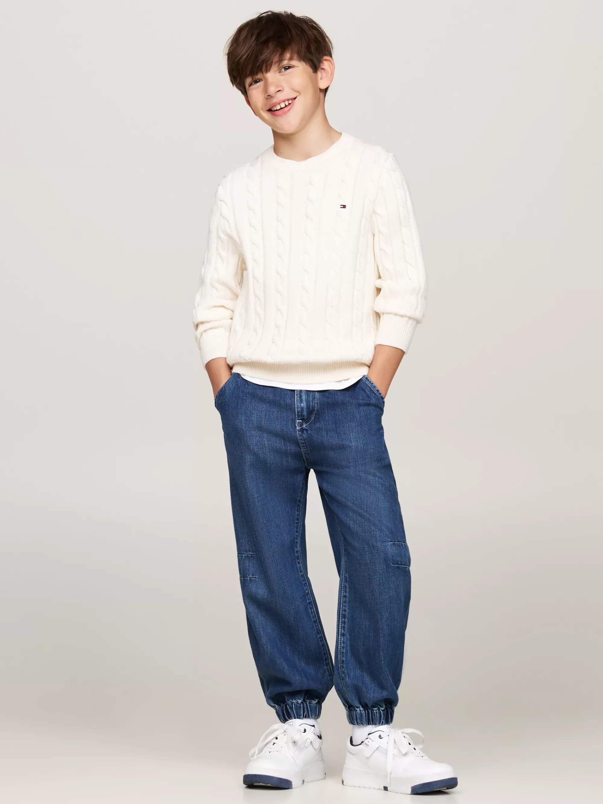 Truien & Vesten*Tommy Hilfiger Kabelgebreide Trui Met Ronde Hals IVORY PETAL