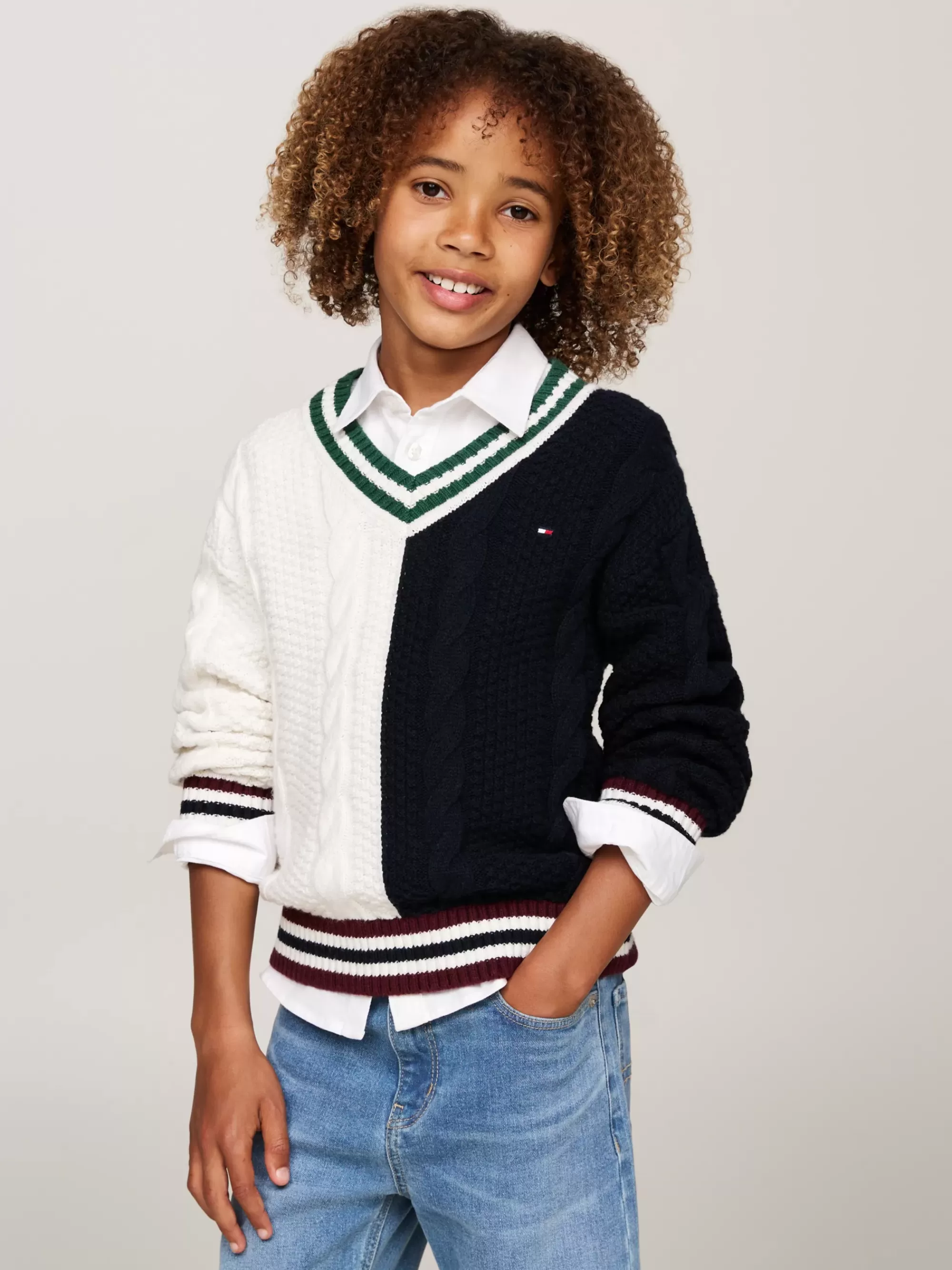 Truien & Vesten*Tommy Hilfiger Kabelgebreide Trui Met V-hals BLUE / WHITE