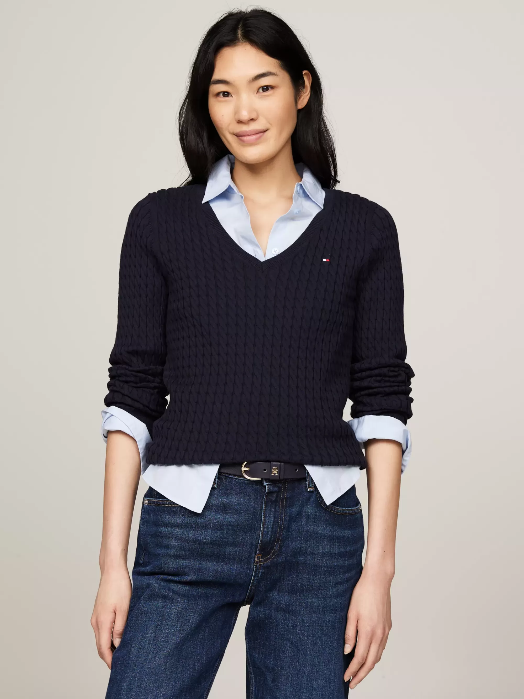 Truien | Truien & Vesten*Tommy Hilfiger Kabelgebreide Trui Met V-hals DESERT SKY