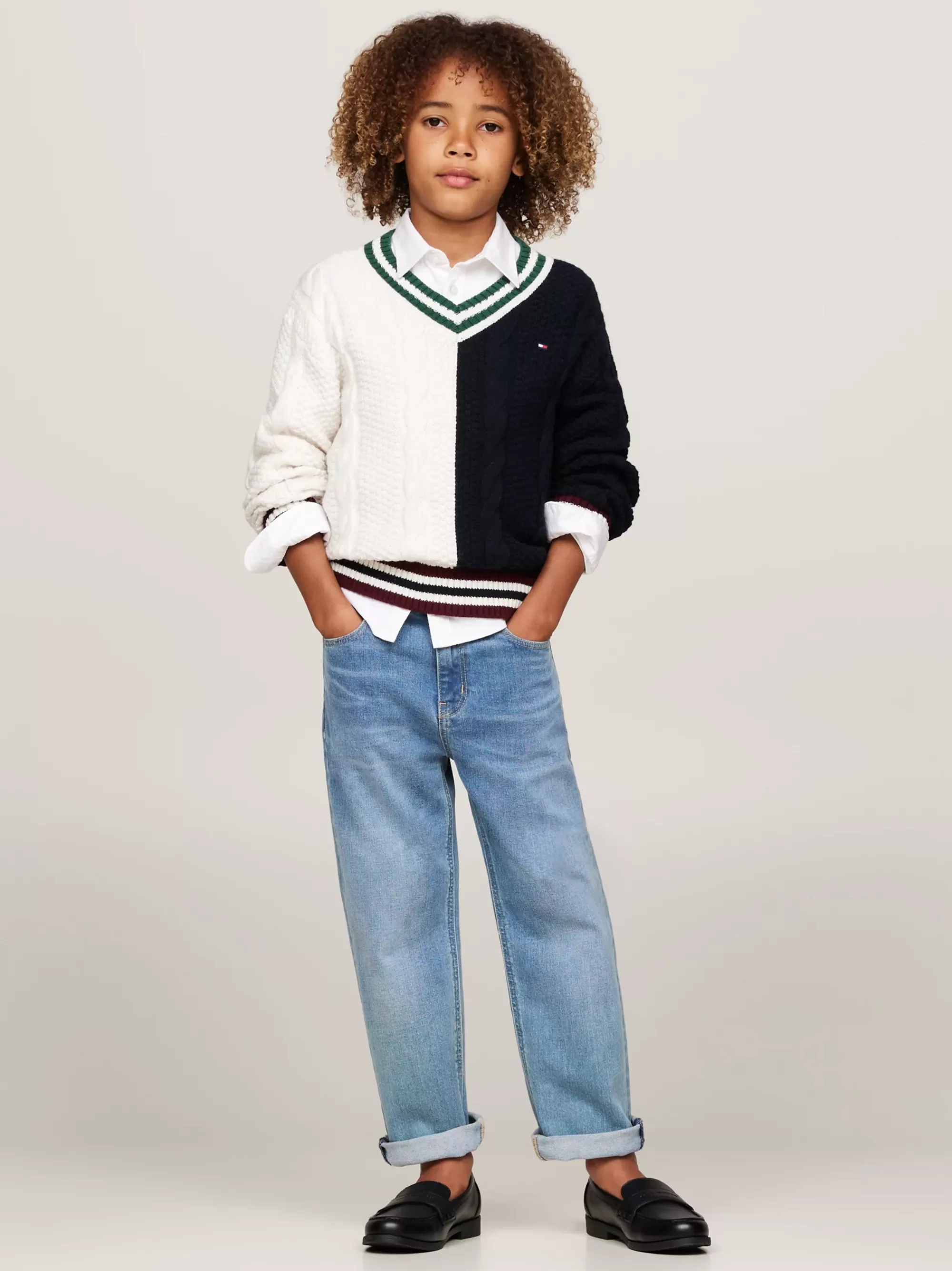 Truien & Vesten*Tommy Hilfiger Kabelgebreide Trui Met V-hals BLUE / WHITE