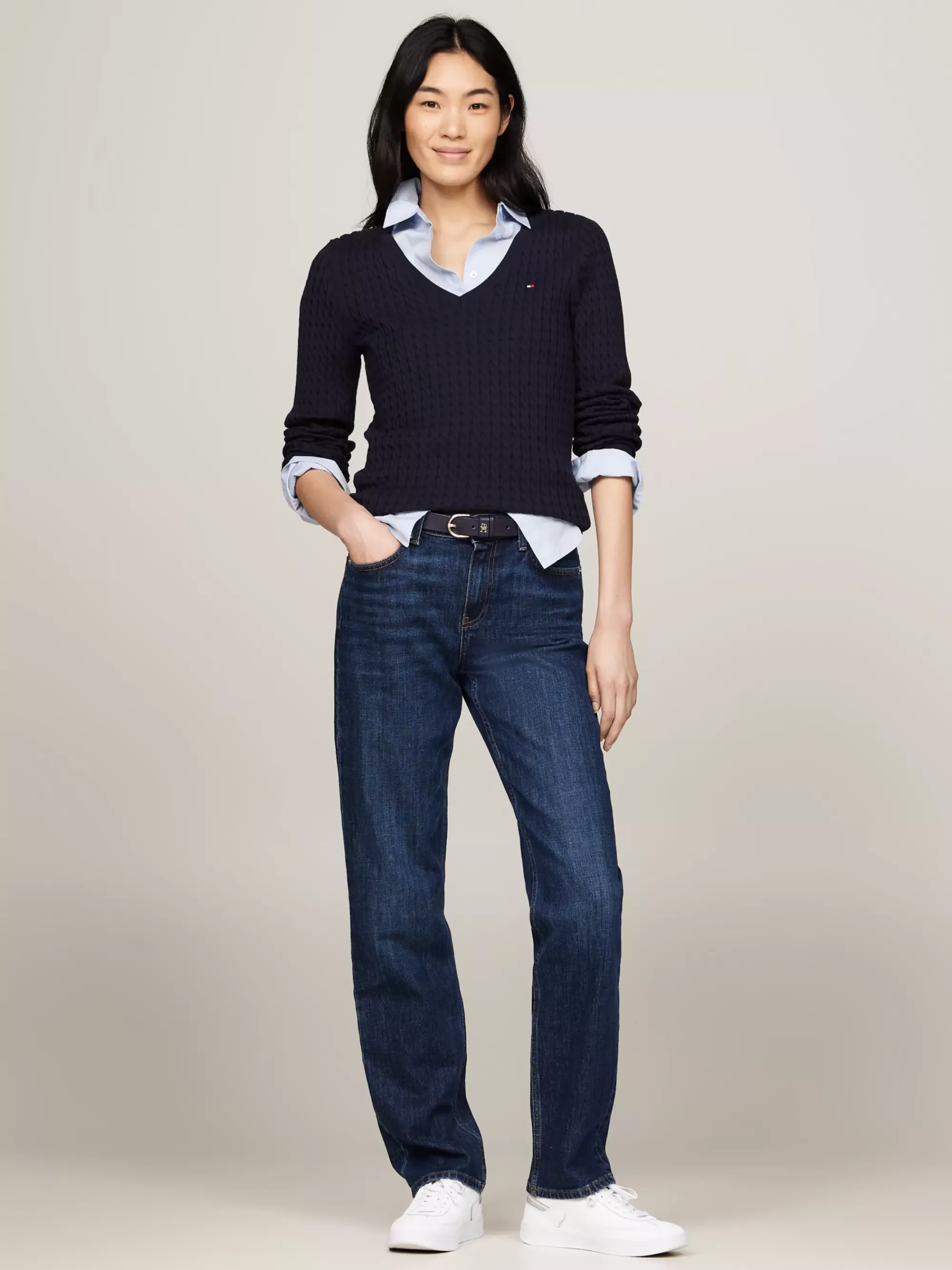 Truien | Truien & Vesten*Tommy Hilfiger Kabelgebreide Trui Met V-hals DESERT SKY