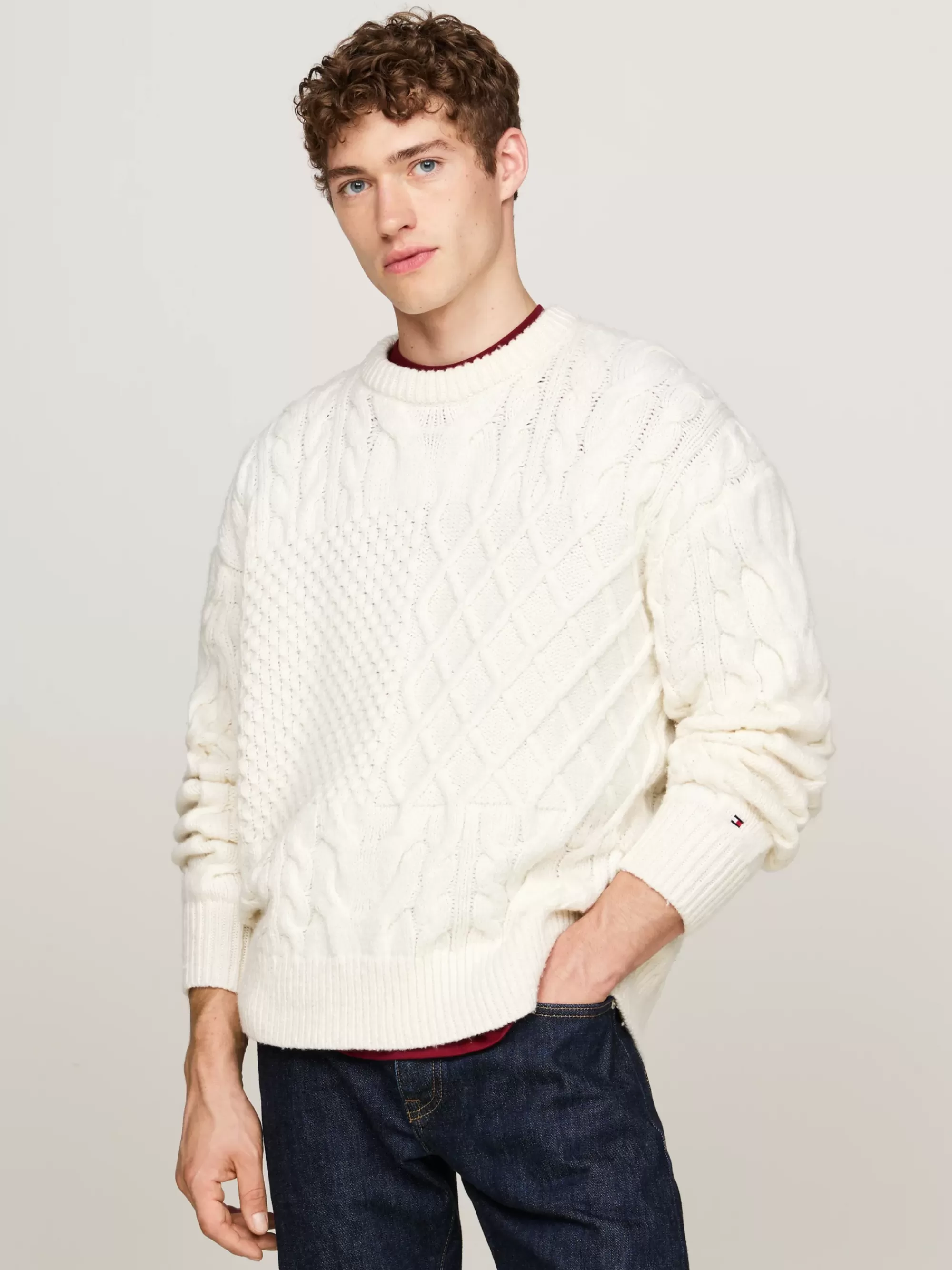 Truien Met Ronde Hals | Truien*Tommy Hilfiger Kabelgebreide Trui Van Wolmix Met V-hals IVORY