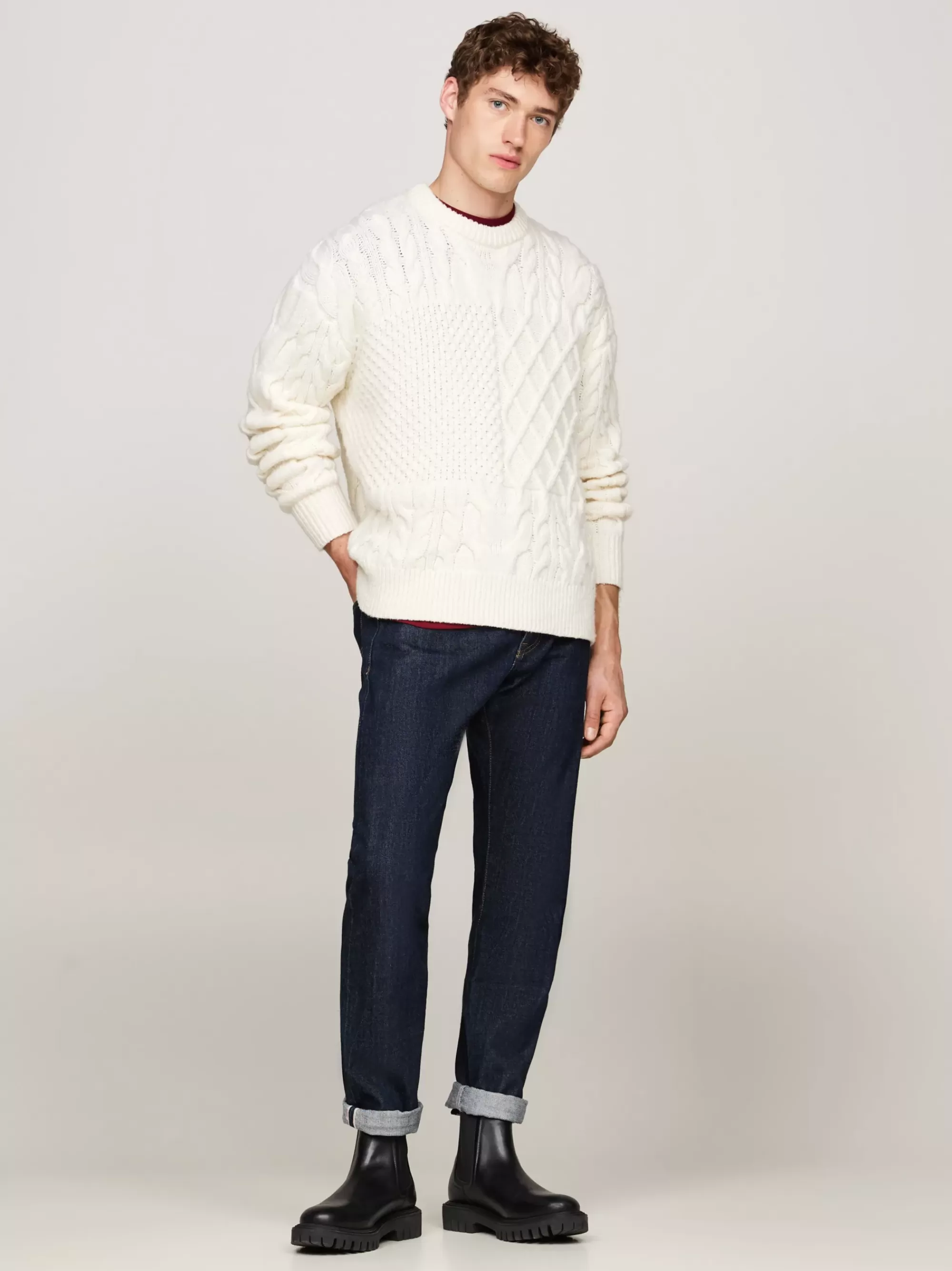Truien Met Ronde Hals | Truien*Tommy Hilfiger Kabelgebreide Trui Van Wolmix Met V-hals IVORY