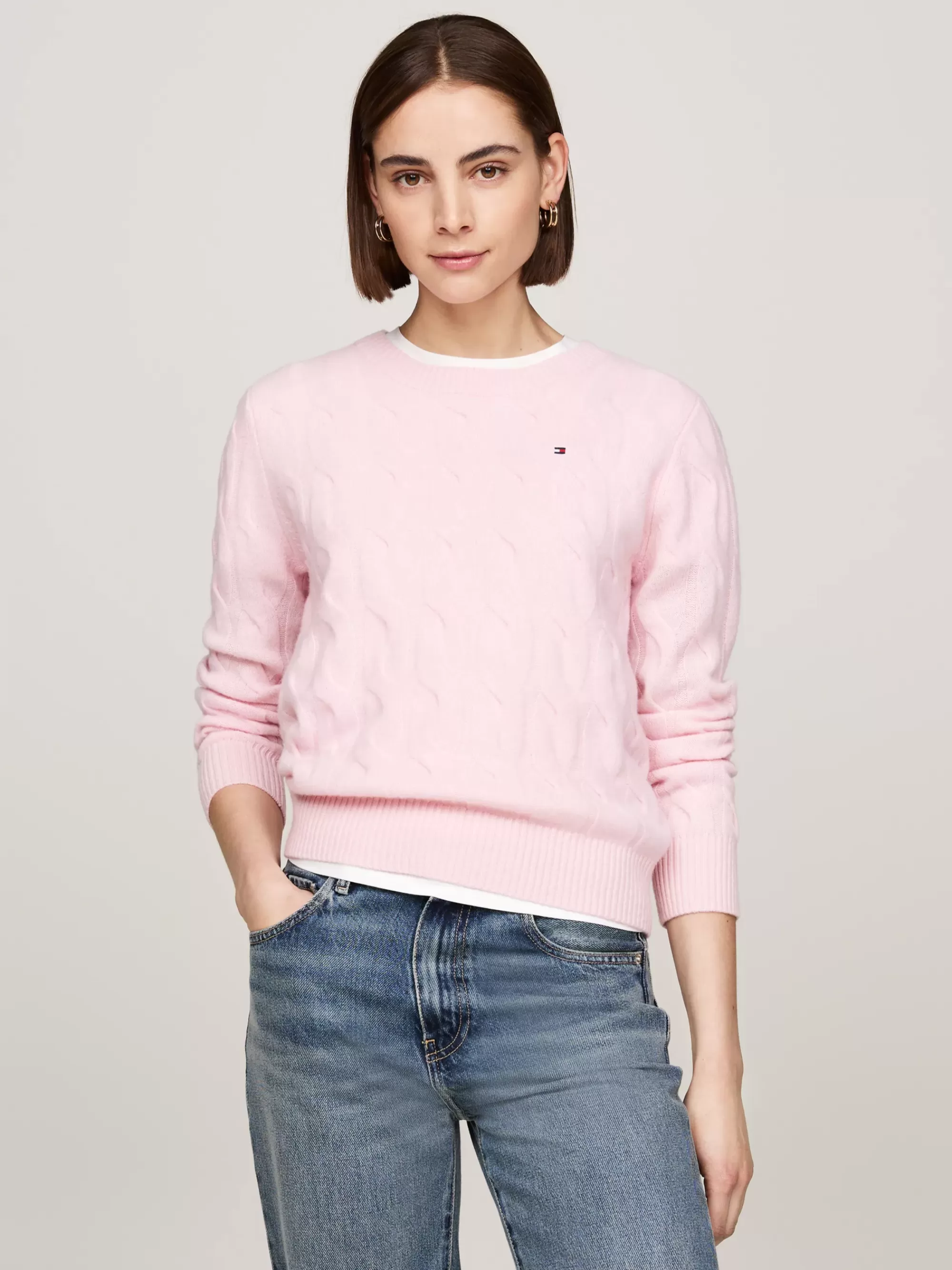 Truien Met Ronde Hals | Truien*Tommy Hilfiger Kabelgebreide Trui Van Zuivere Wol DELICATE PINK