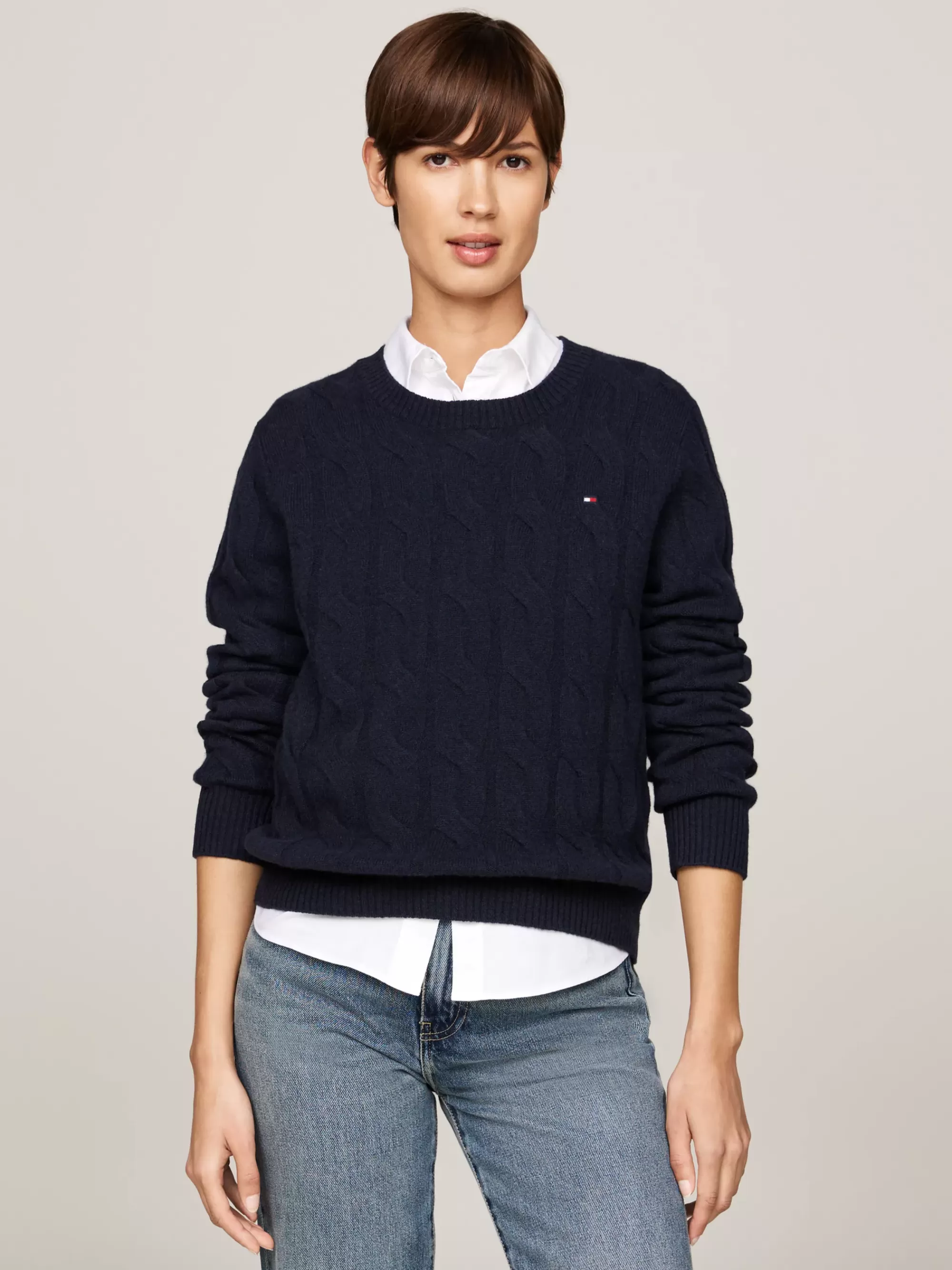 Truien Met Ronde Hals | Truien*Tommy Hilfiger Kabelgebreide Trui Van Zuivere Wol DESERT SKY